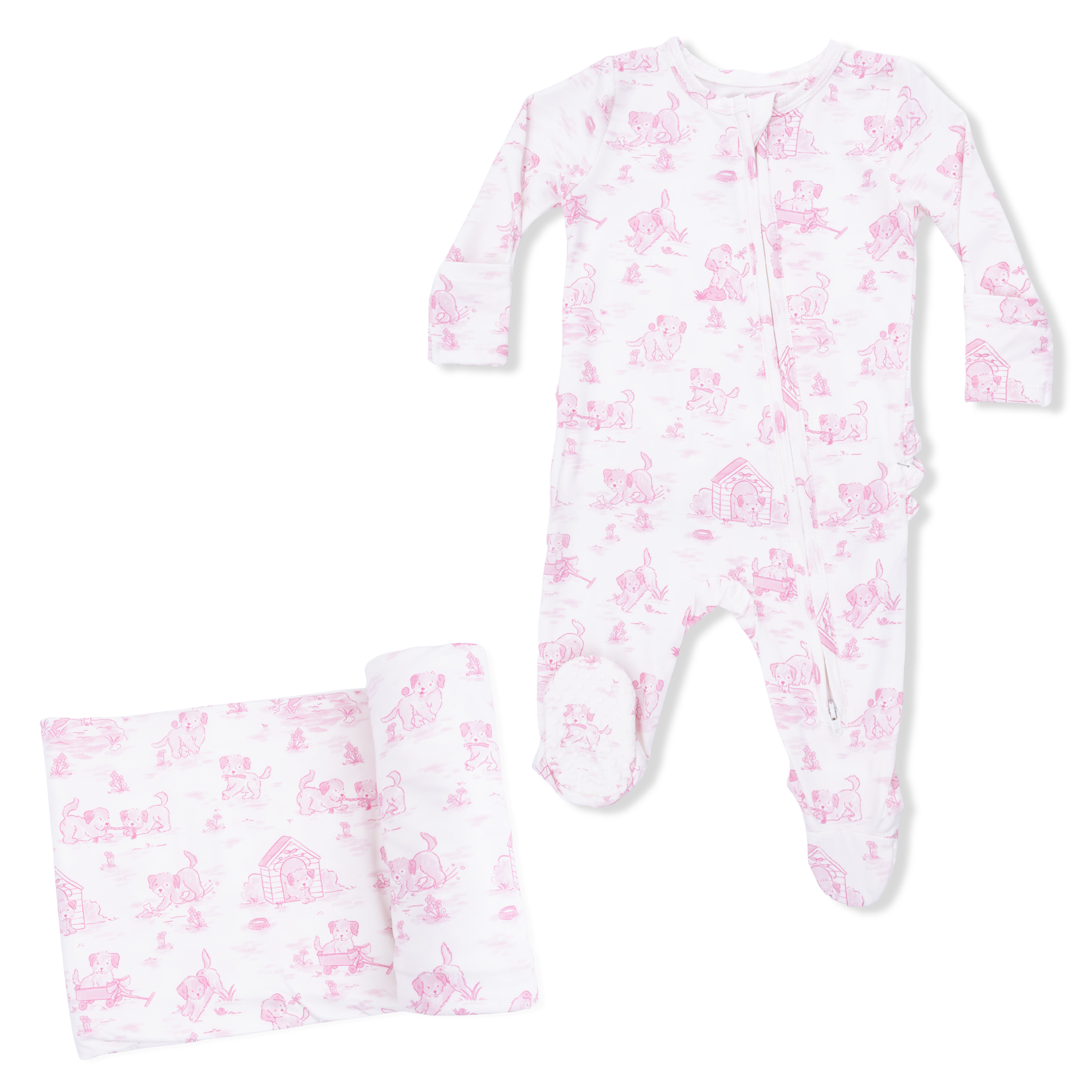 Puppy Toile Pink - 2 Way Ruffle Back Zipper Footie & Swaddle Blanket Set
