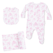 Puppy Toile Pink - 2 Way Ruffle Back Zipper Footie With Bandana Bib, And Swaddle Blanket Set