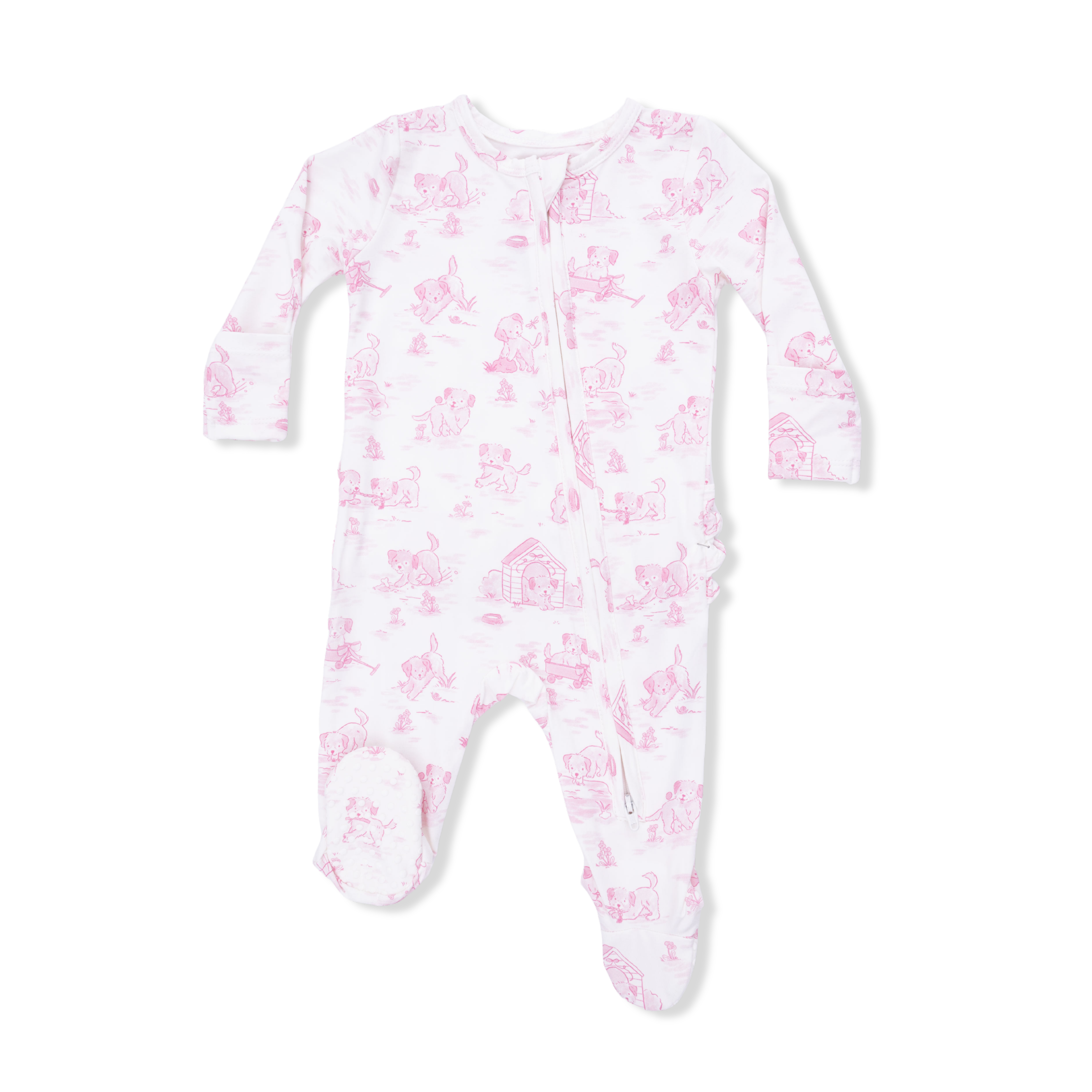 Puppy Toile Pink - 2 Way Ruffle Back Zipper Footie