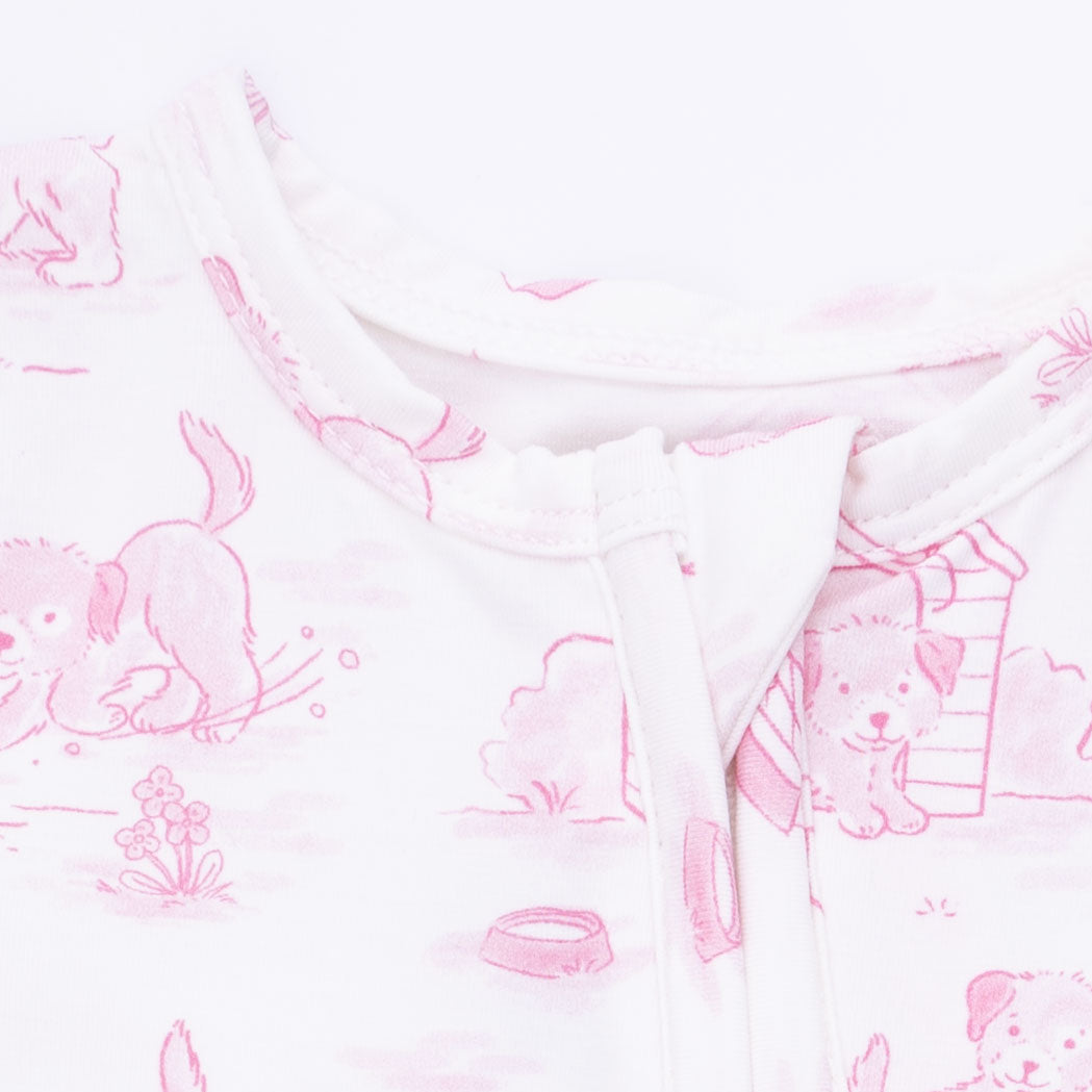 Puppy Toile Pink - 2 Way Ruffle Back Zipper Footie
