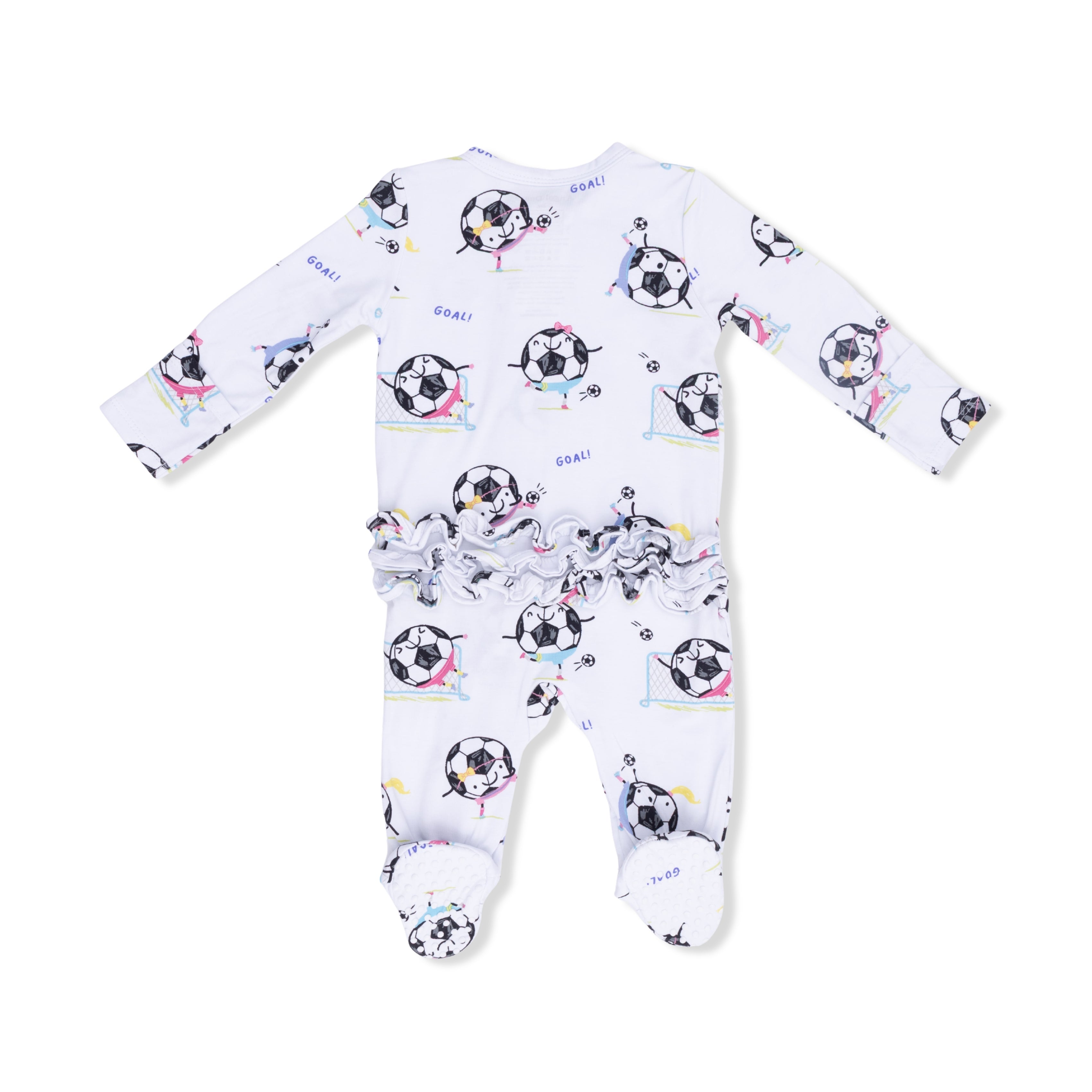 Soccer Balls Playing Soccer Pink - 2 Way Ruffle Back Zipper Footie