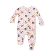 Farm Animals Floral Cameos Pink - 2 Way Ruffle Back Zipper Footie