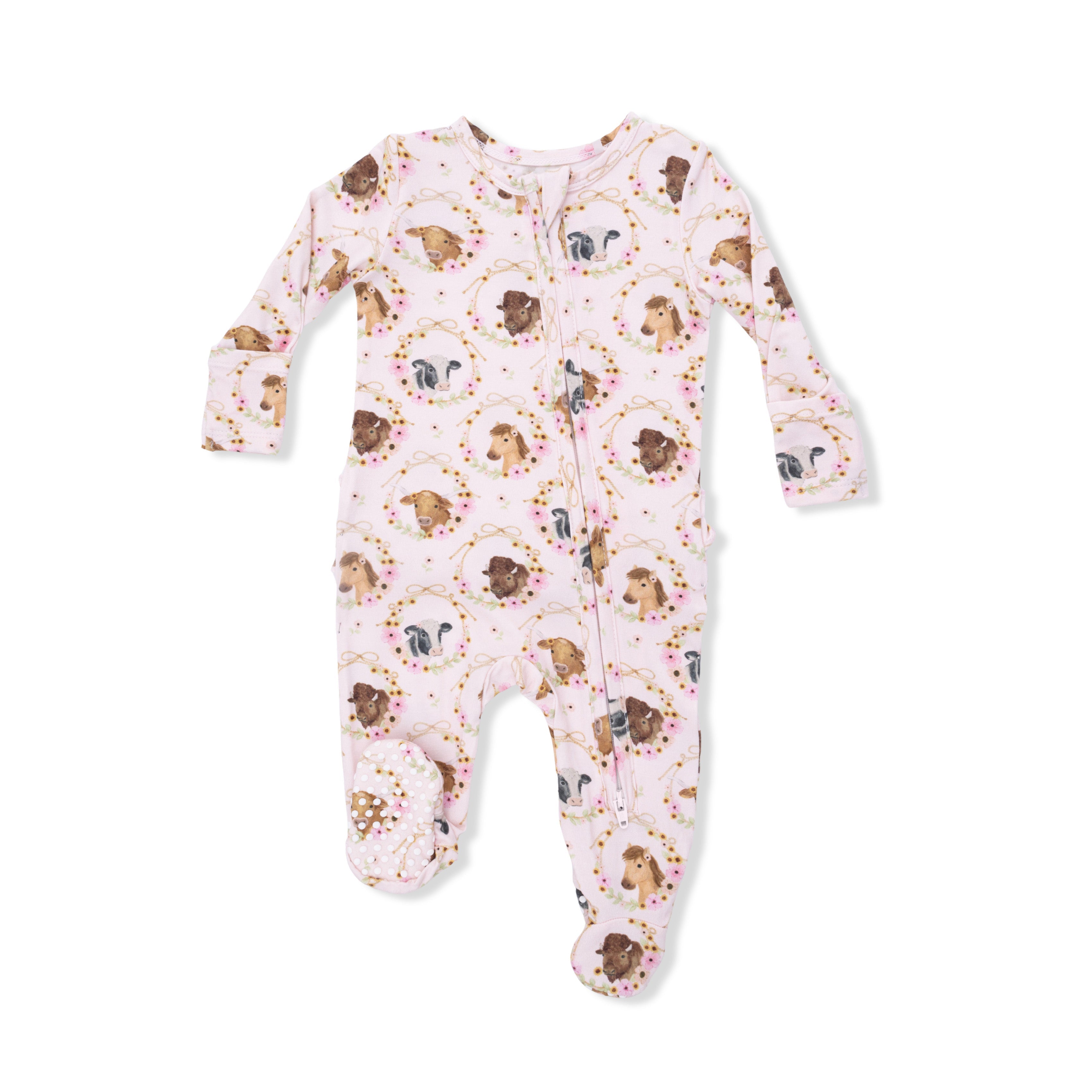 Farm Animals Floral Cameos Pink - 2 Way Ruffle Back Zipper Footie