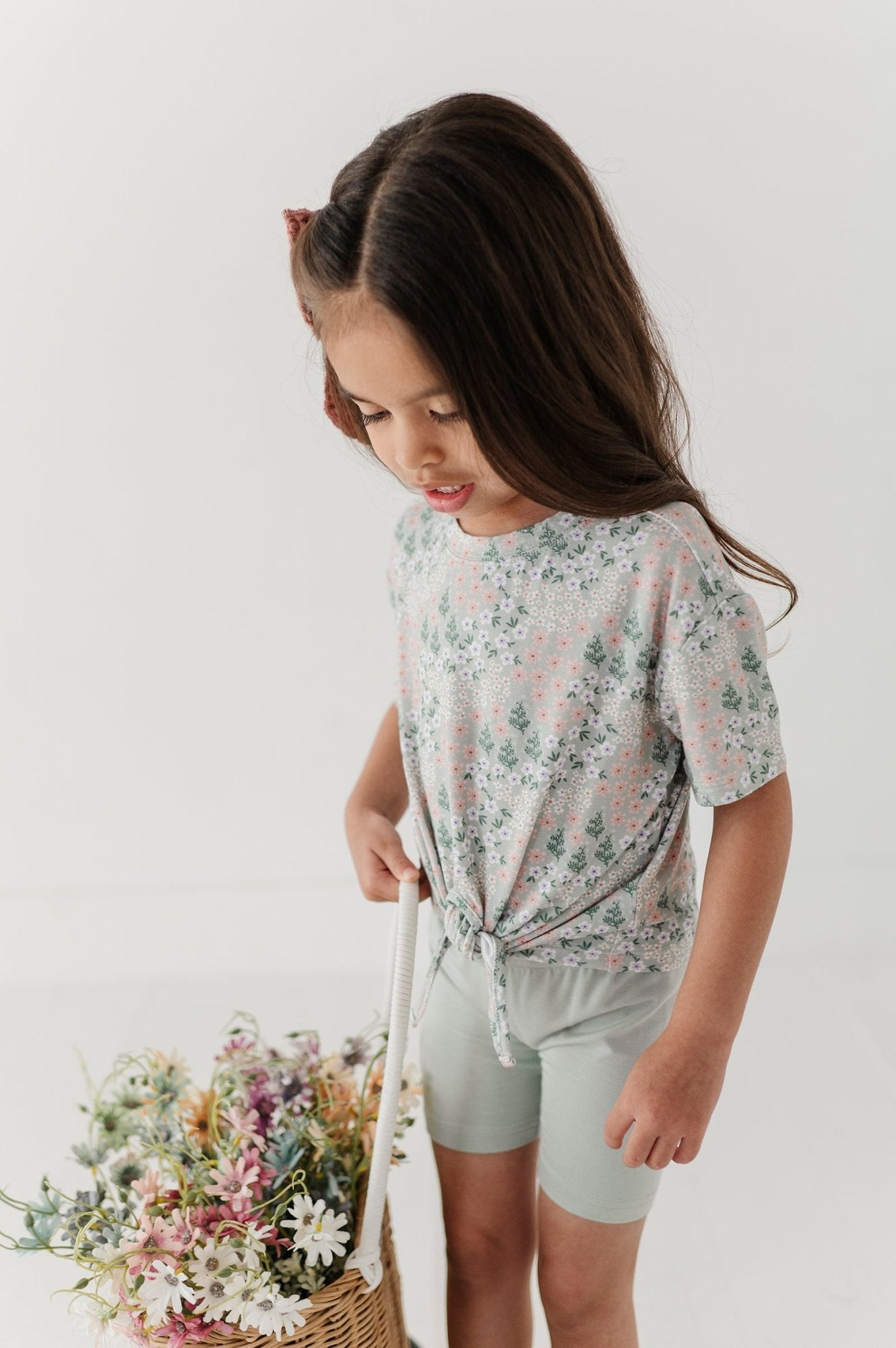Girls Tie Front Shirt In Aqua Grey Floral