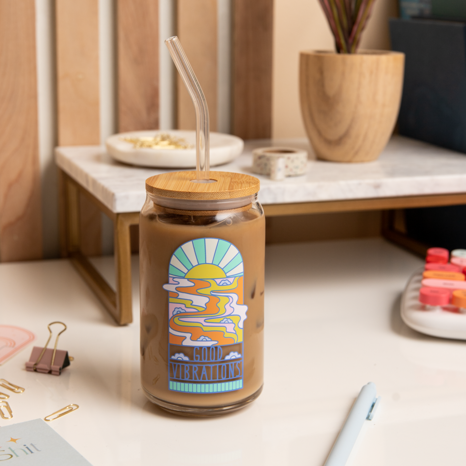 Can Glass W/ Lid + Straw