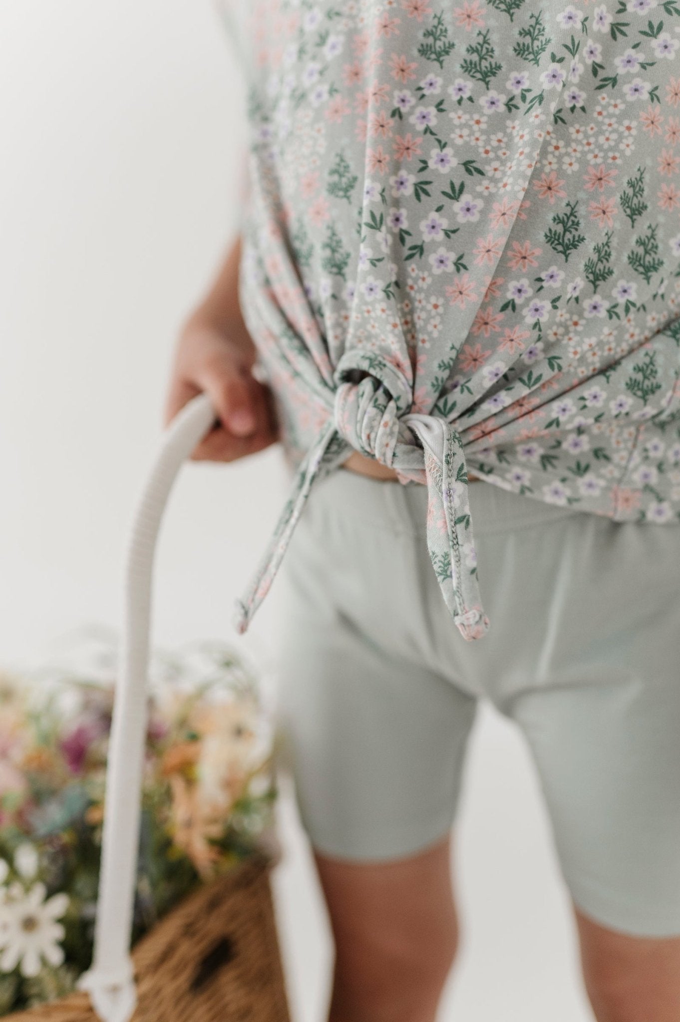 Girls Tie Front Shirt In Aqua Grey Floral