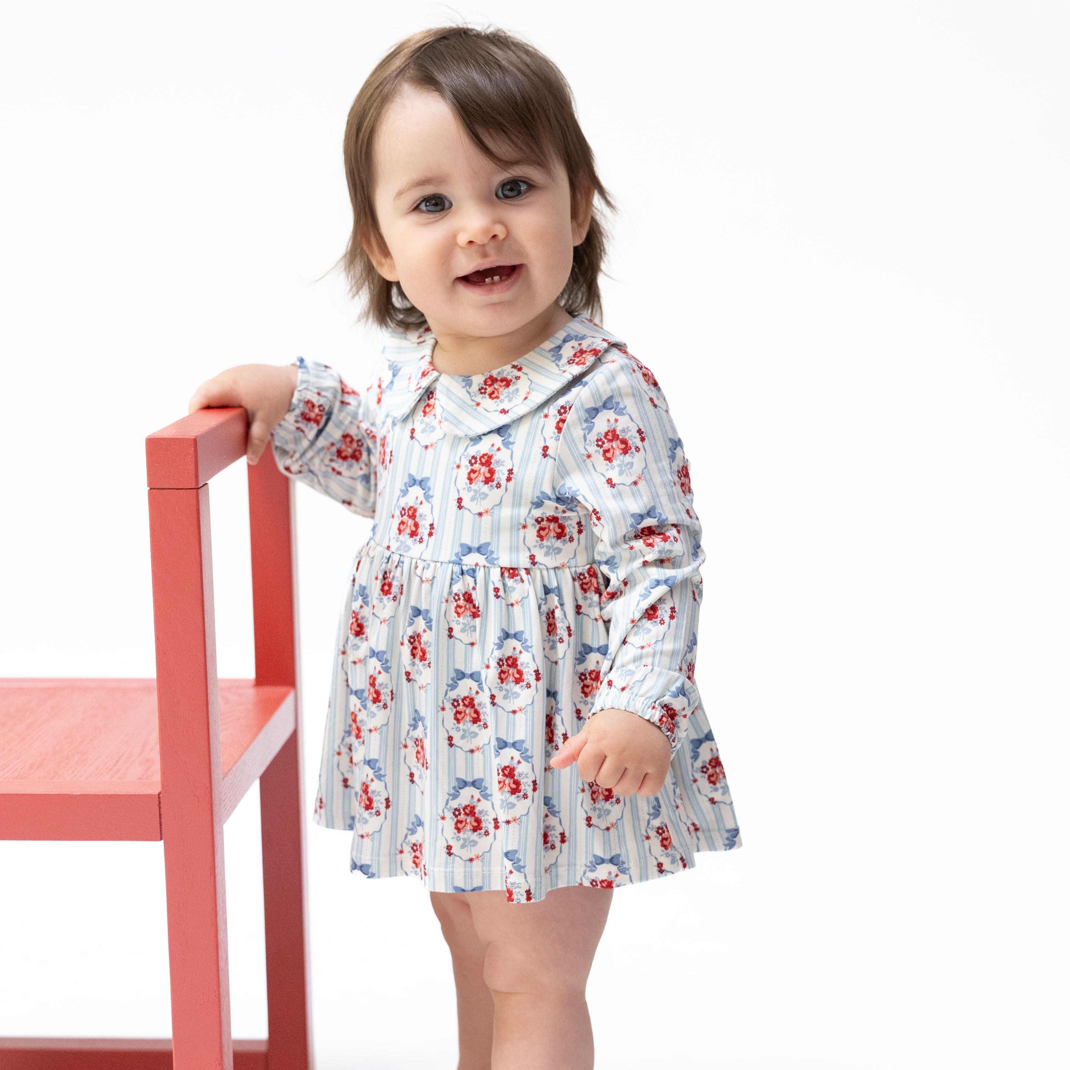 Beverly Cameo Stripe - Long Sleeve Bubble With Peter Pan Collar And Skirt