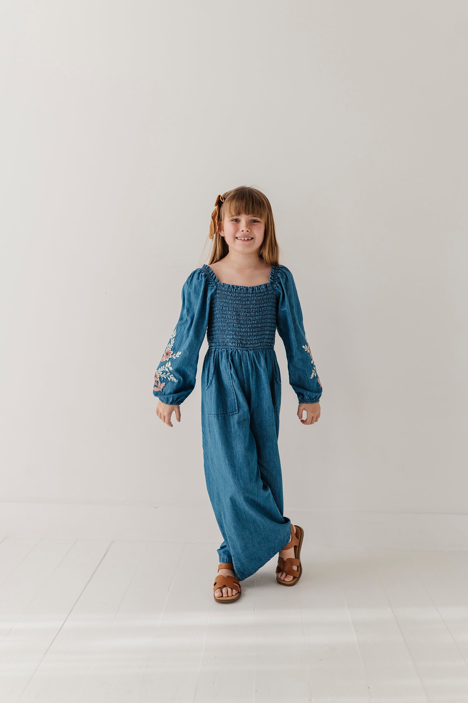 Girls Smocked Embroidery Jumpsuit In Chambray Embroidery