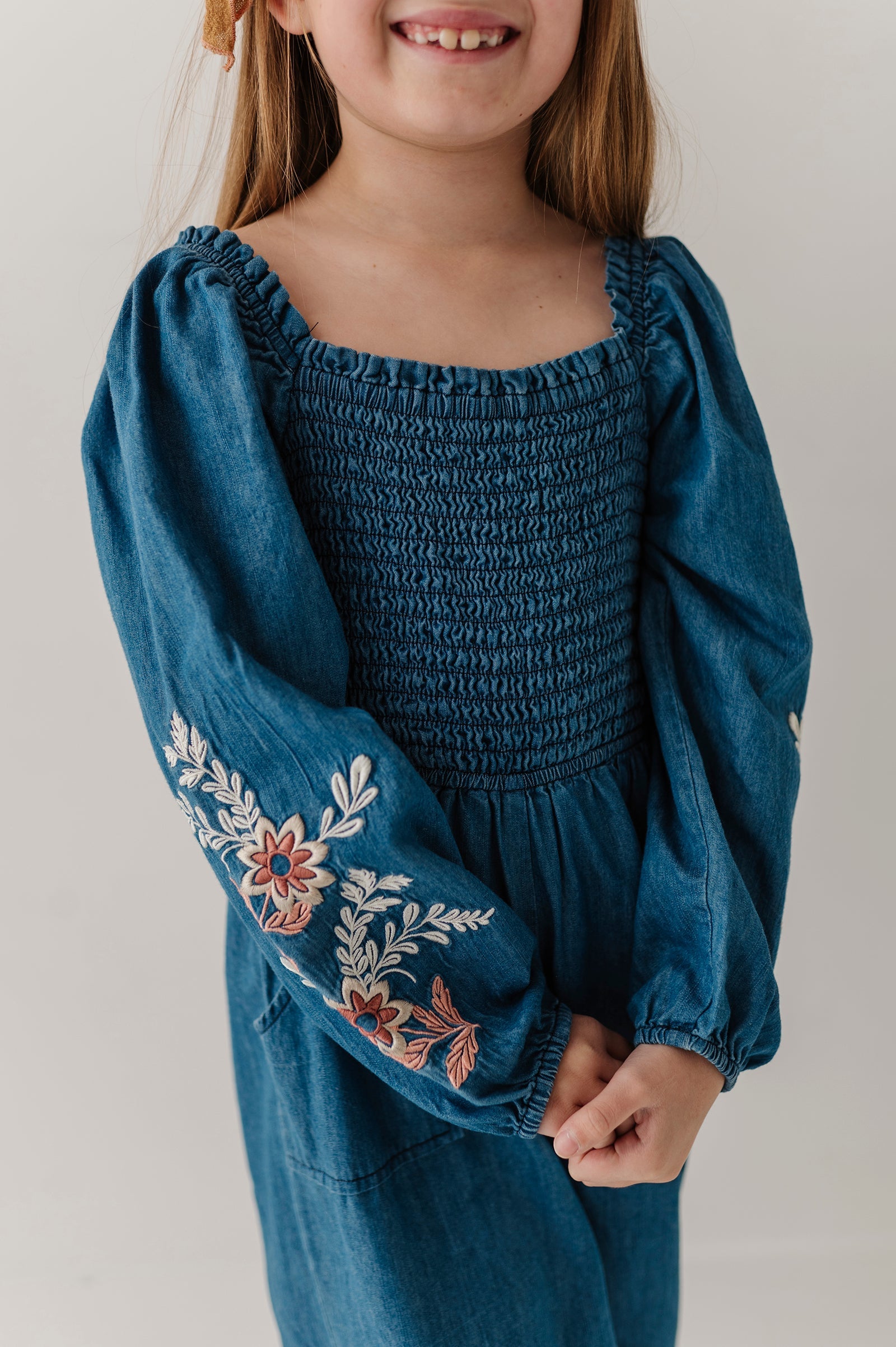 Girls Smocked Embroidery Jumpsuit In Chambray Embroidery