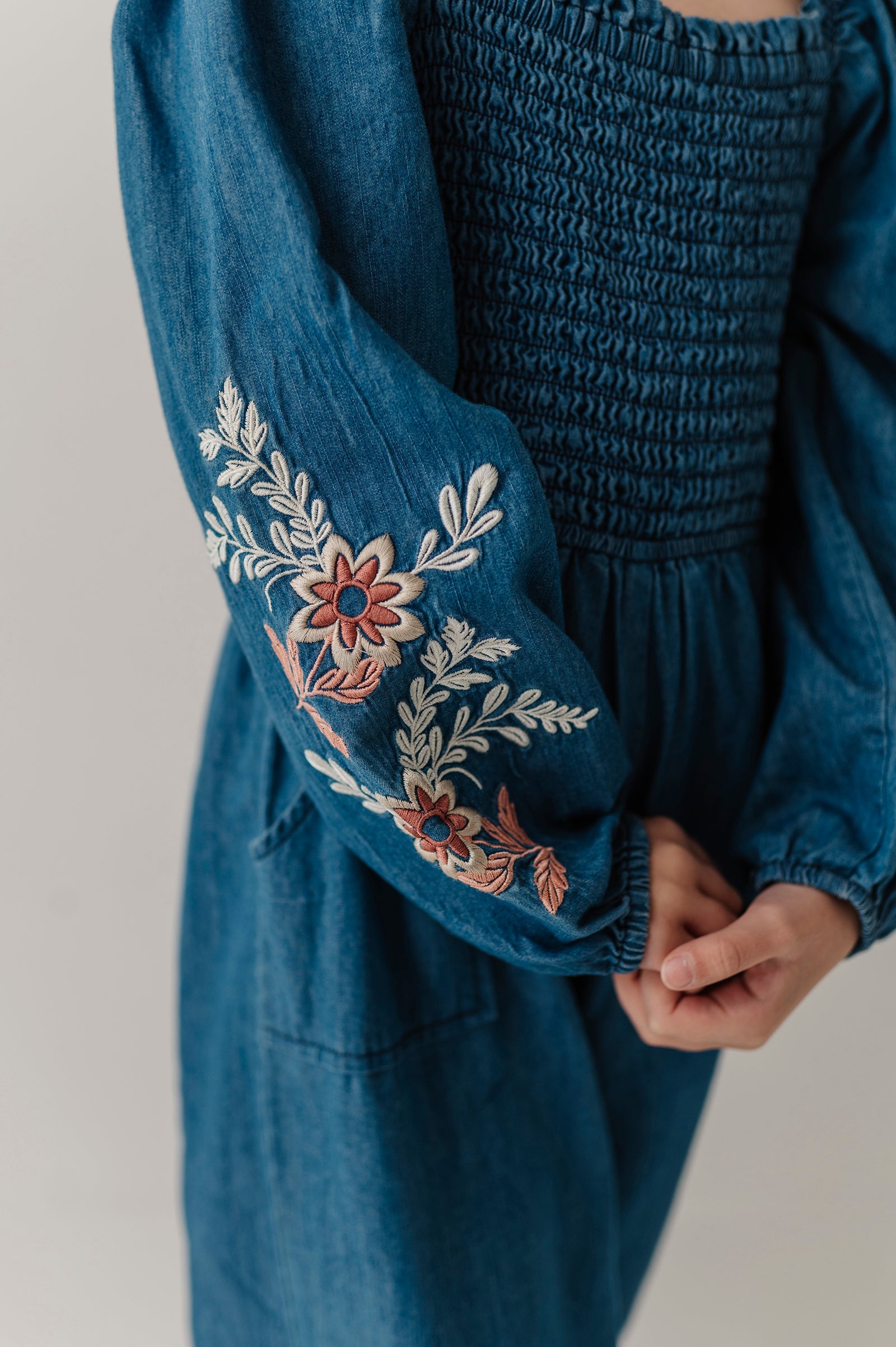 Girls Smocked Embroidery Jumpsuit In Chambray Embroidery