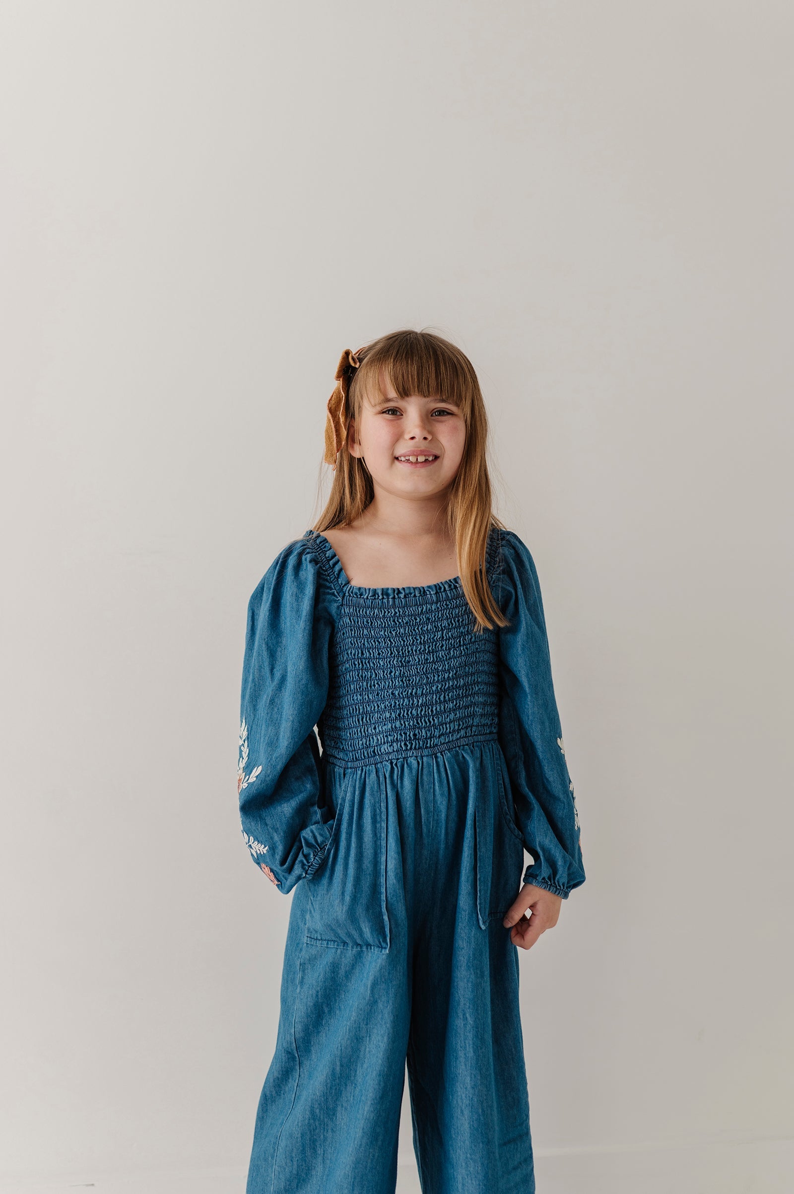 Girls Smocked Embroidery Jumpsuit In Chambray Embroidery
