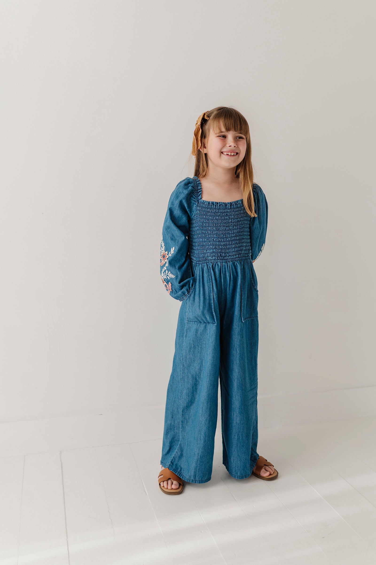 Girls Smocked Embroidery Jumpsuit In Chambray Embroidery