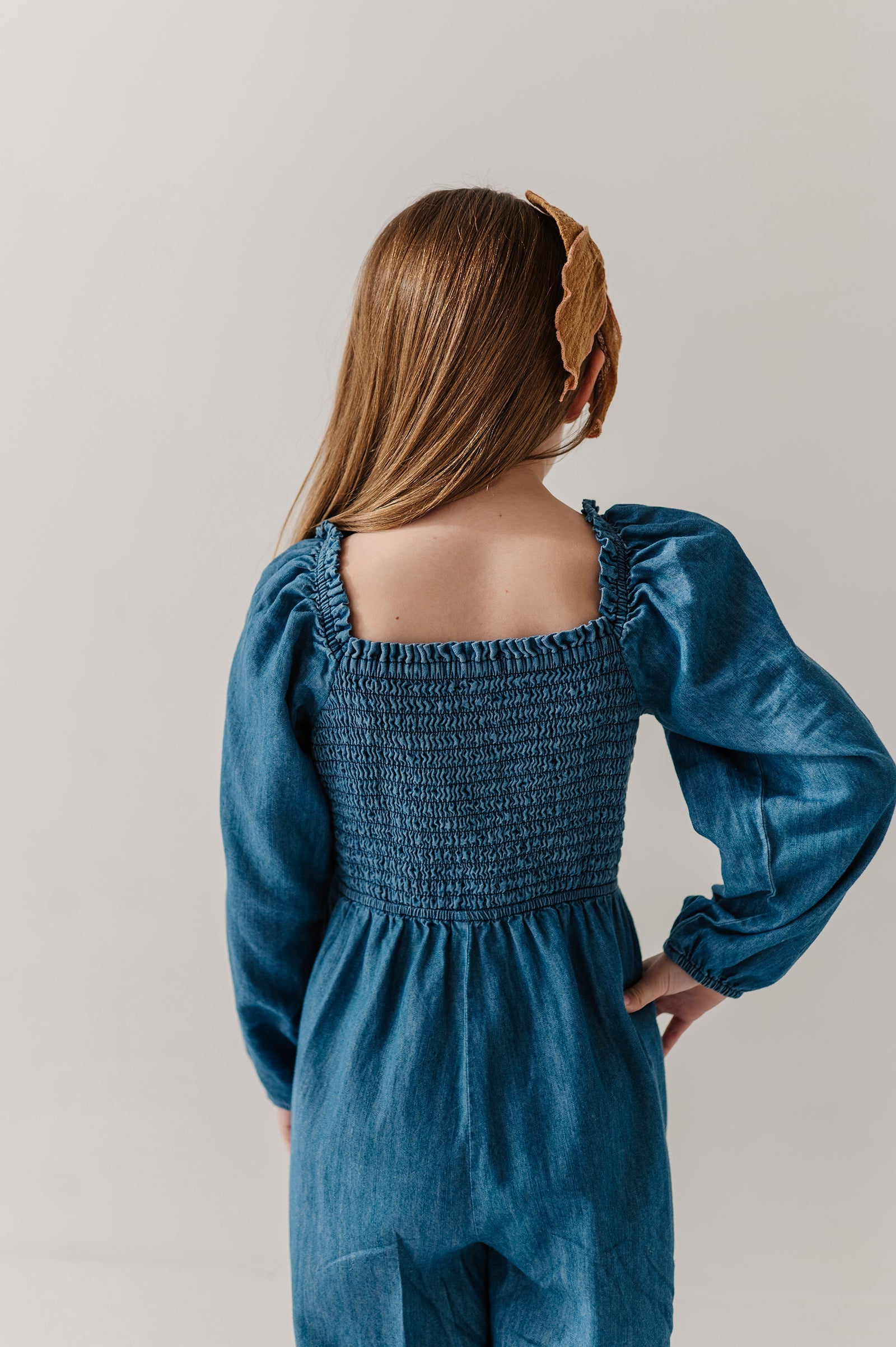 Girls Smocked Embroidery Jumpsuit In Chambray Embroidery