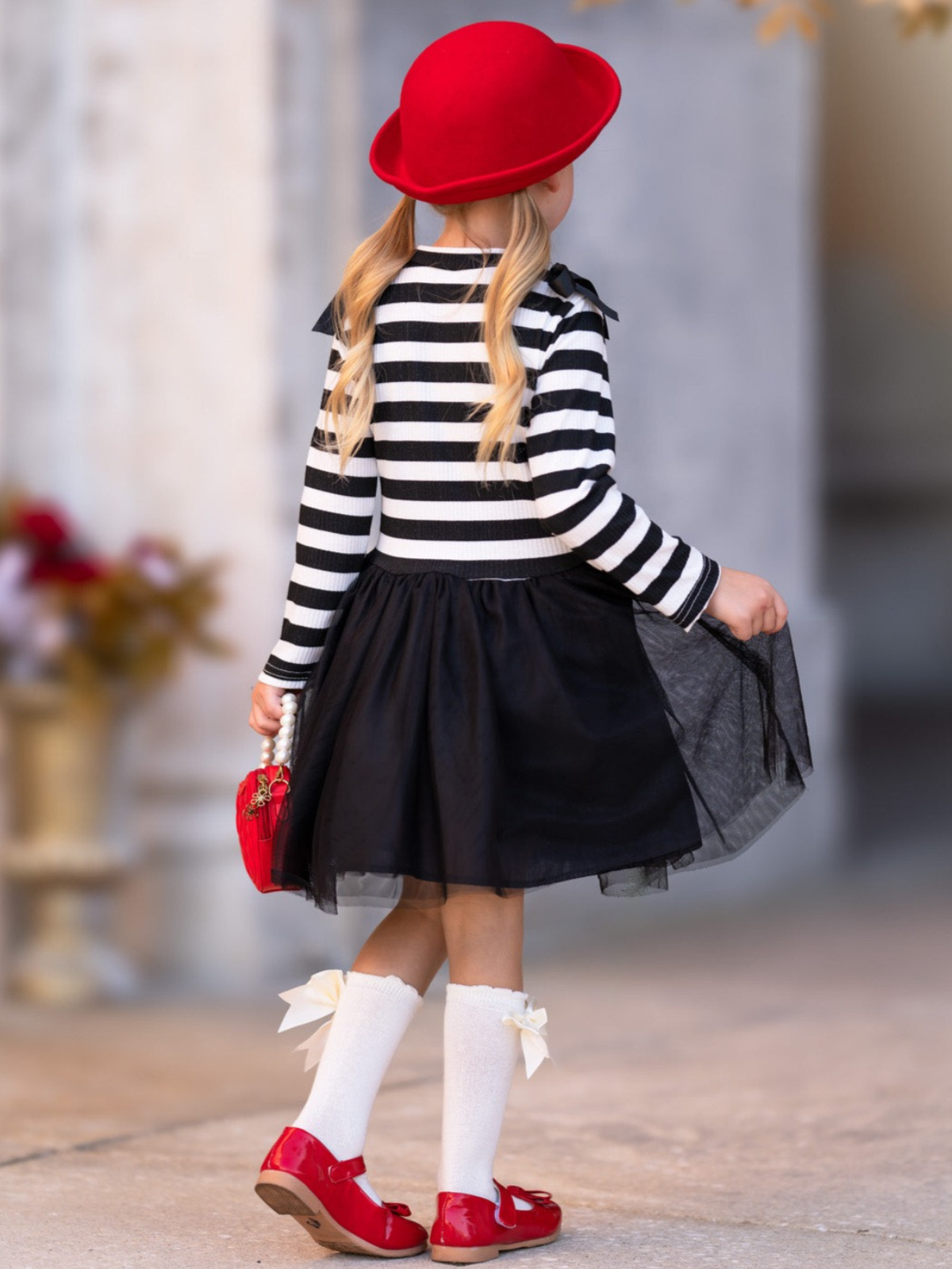 Whimsical Black Striped Long Sleeve Shoulder Bows Tulle Dress