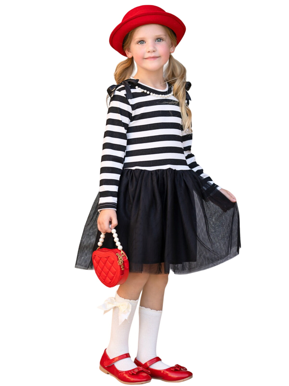 Whimsical Black Striped Long Sleeve Shoulder Bows Tulle Dress