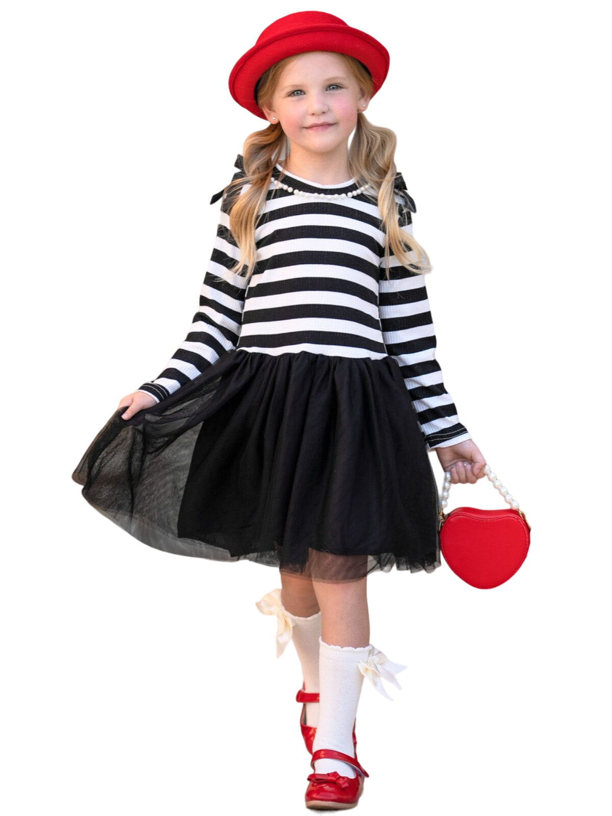 Whimsical Black Striped Long Sleeve Shoulder Bows Tulle Dress