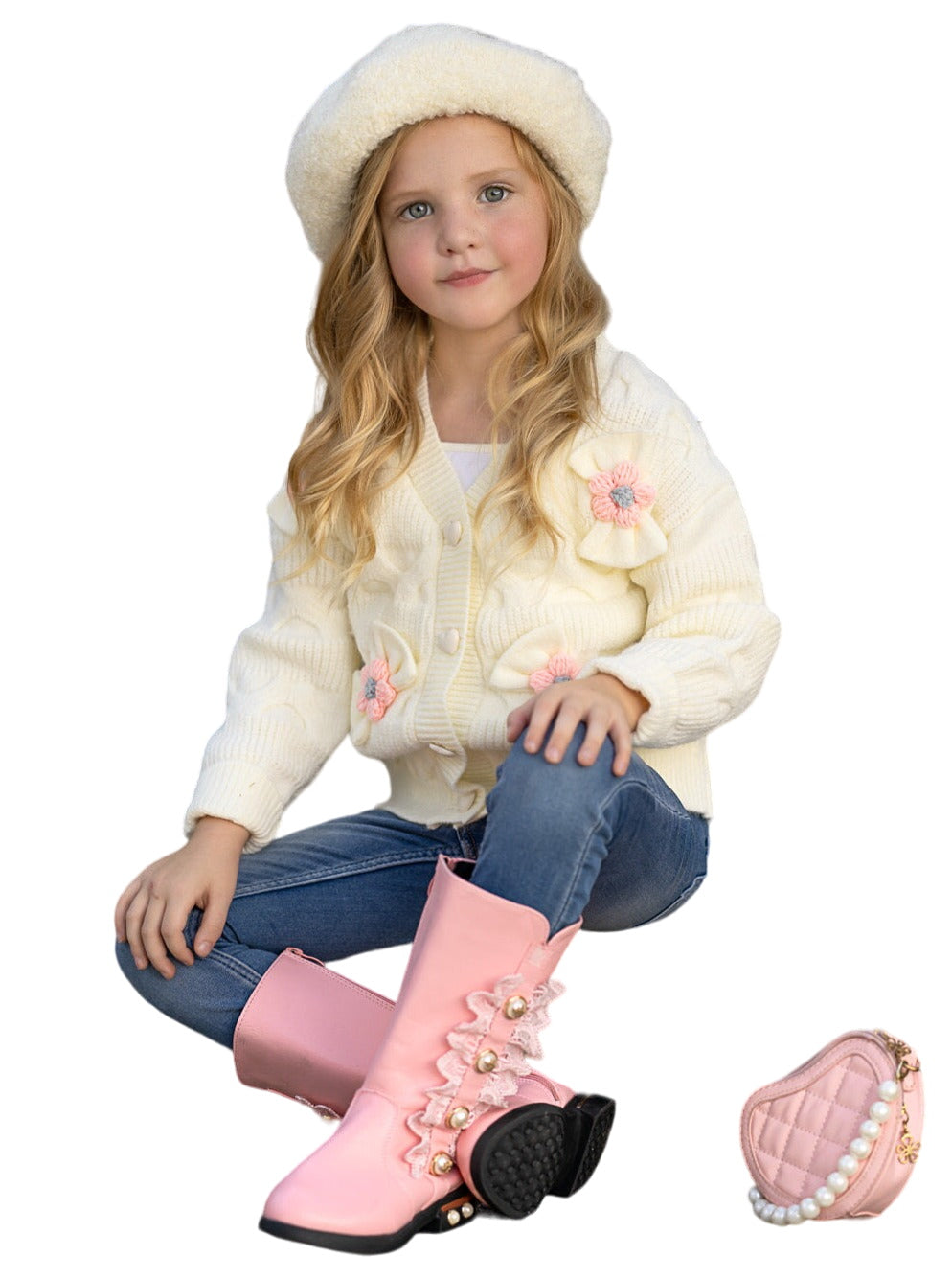 Girls Floral Button-up Cardigan With Adorable 3d Flower Details And Heart-shaped Buttons