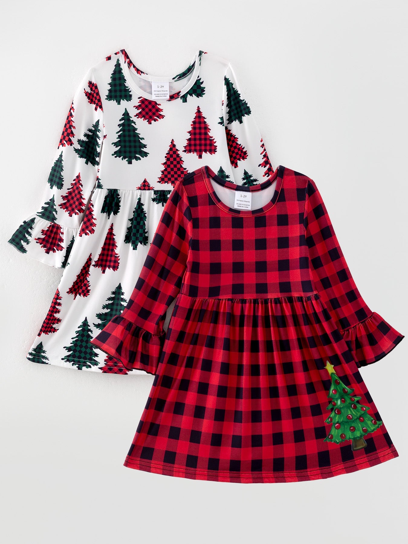 Girls Dress Of 2 Pcs In One Package Christmas Print Plaid Dress