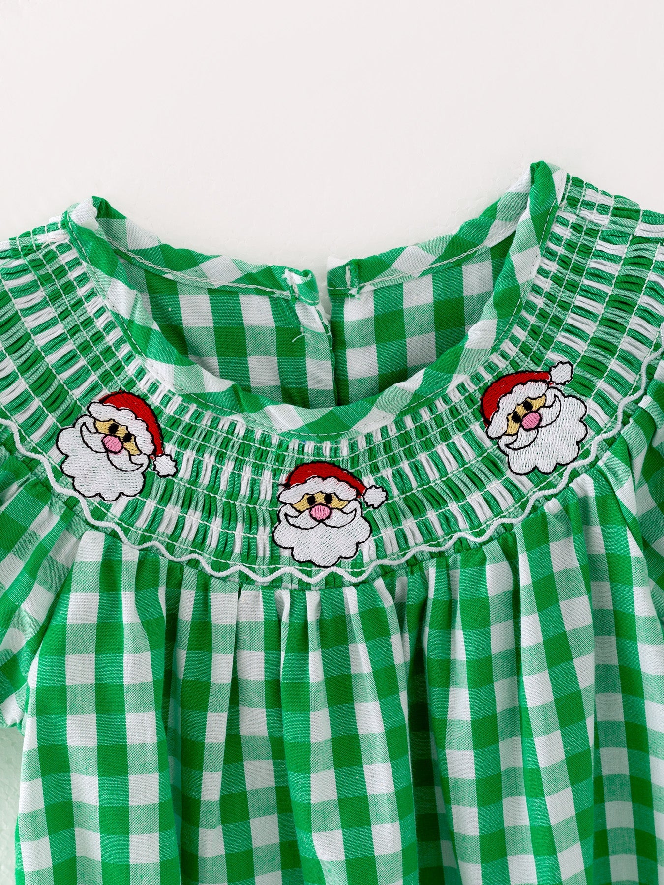 Christmas Santa Claus Smocking Green Plaid Embroidery Baby Girls Romper