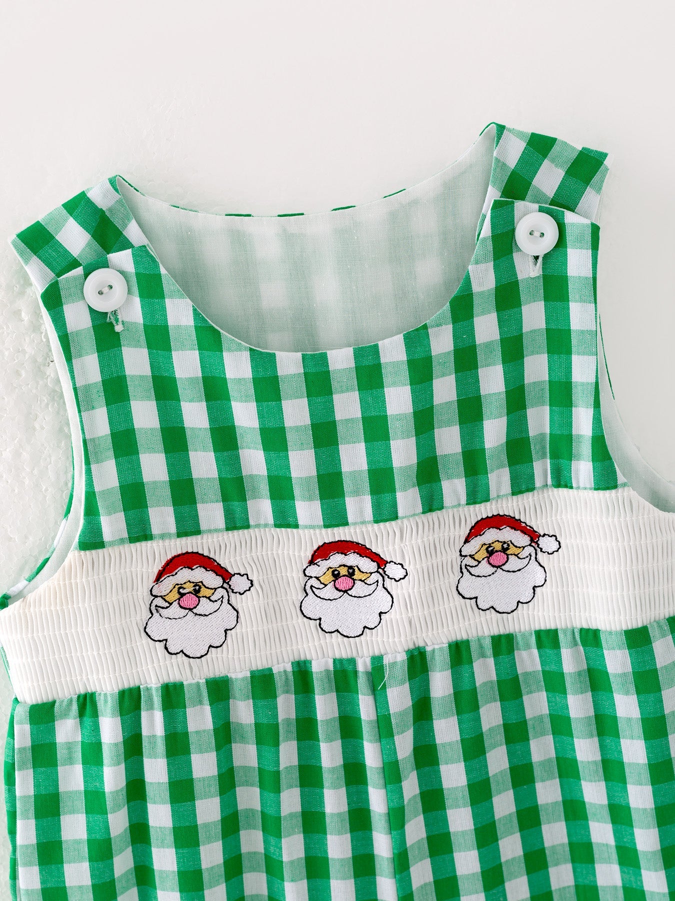 Christmas Santa Claus Smocking Green Plaid Embroidery Baby Boys Romper