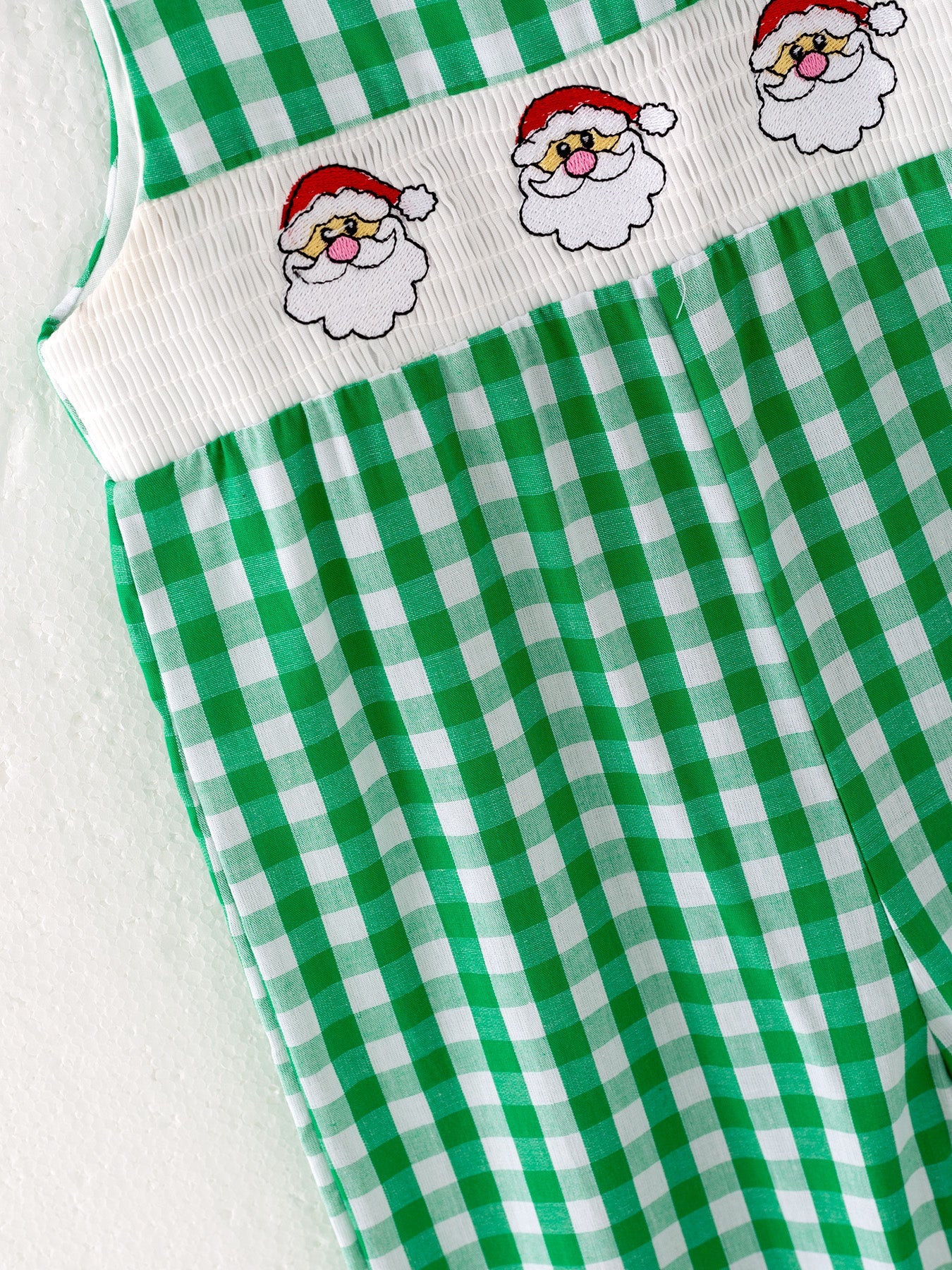 Christmas Santa Claus Smocking Green Plaid Embroidery Baby Boys Romper