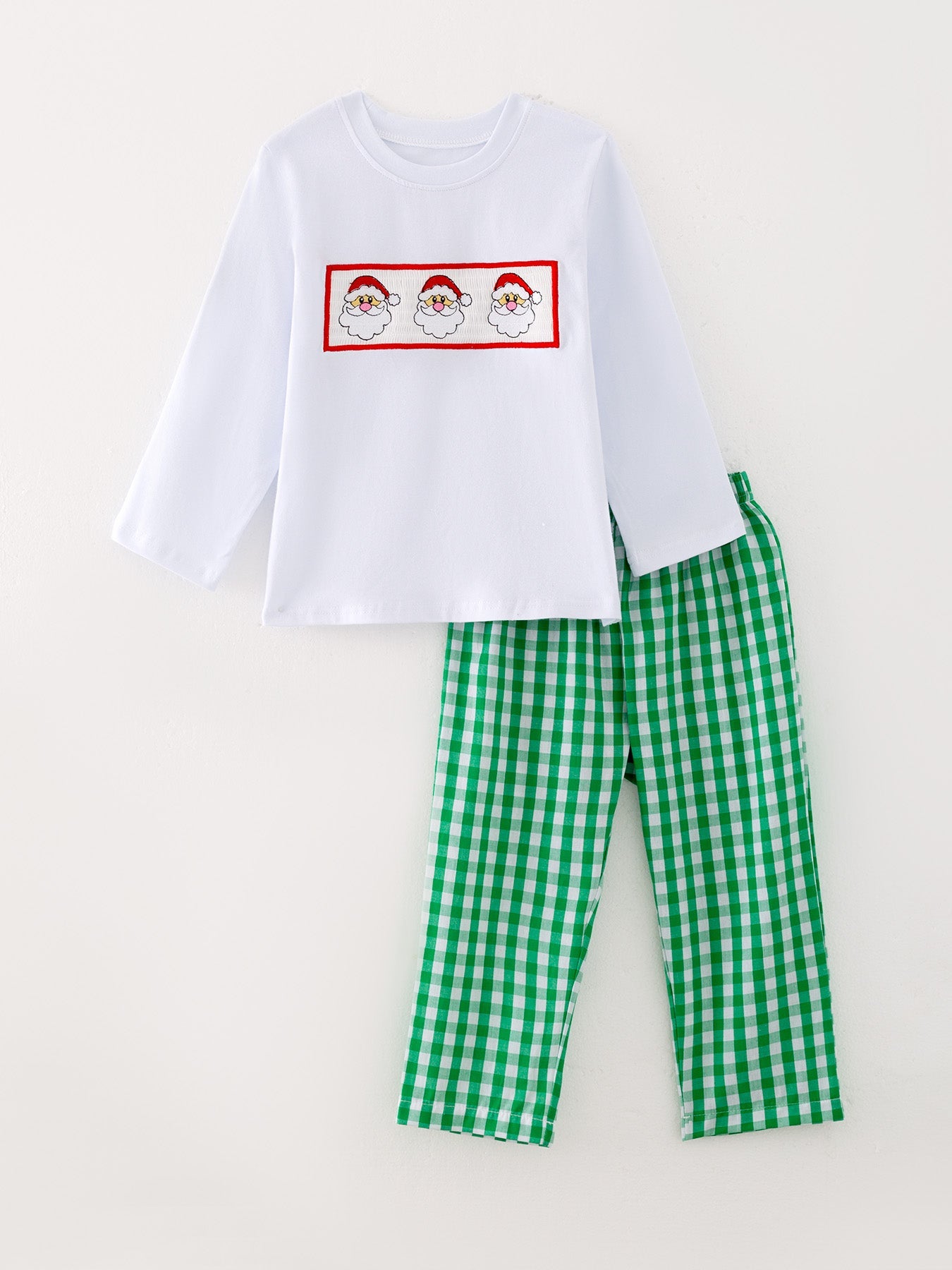 Christmas Santa Claus Smocking Green Plaid Embroidery Set