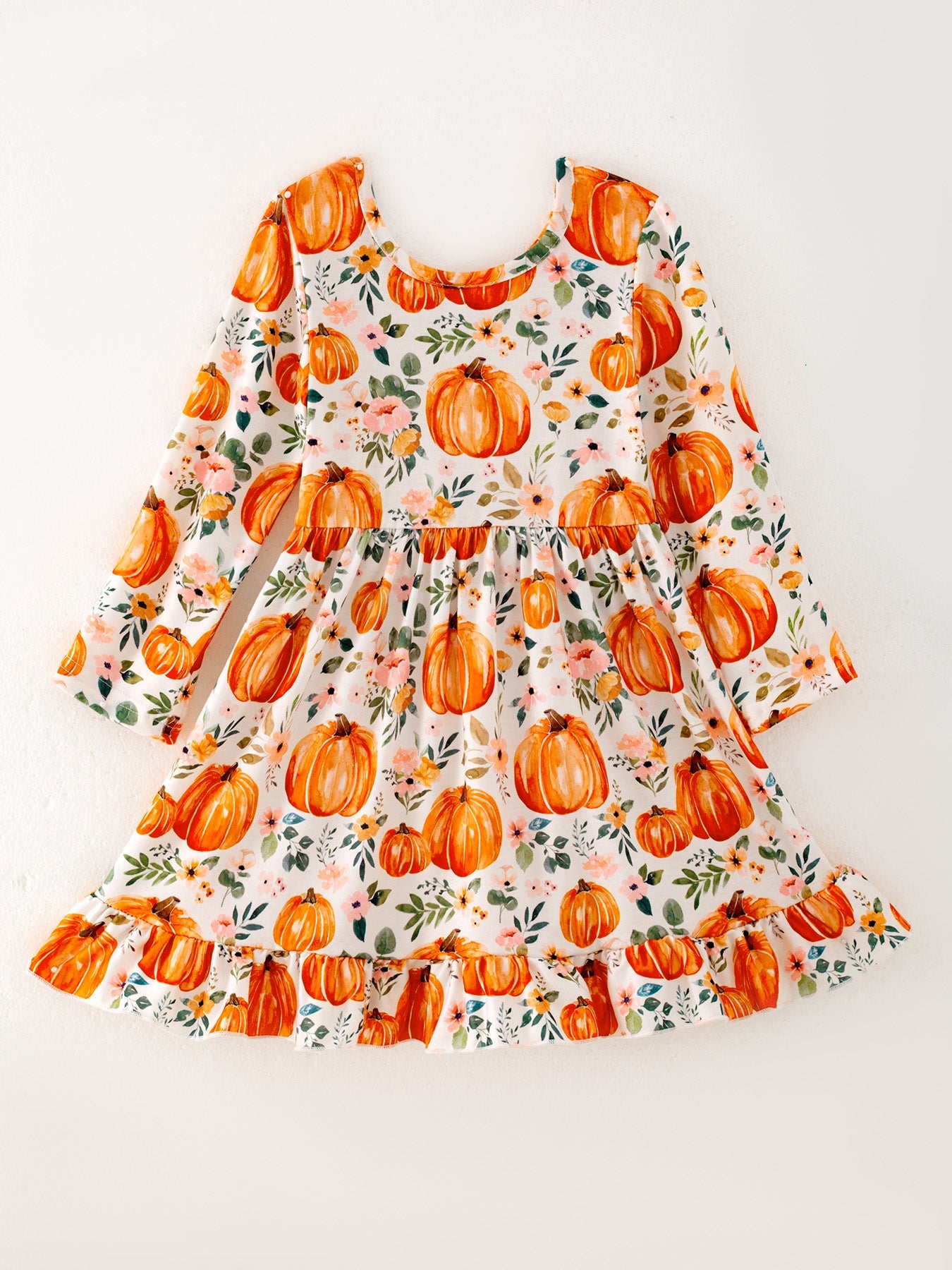 Girls Fall Pumpkin Print Long Sleeve Dress