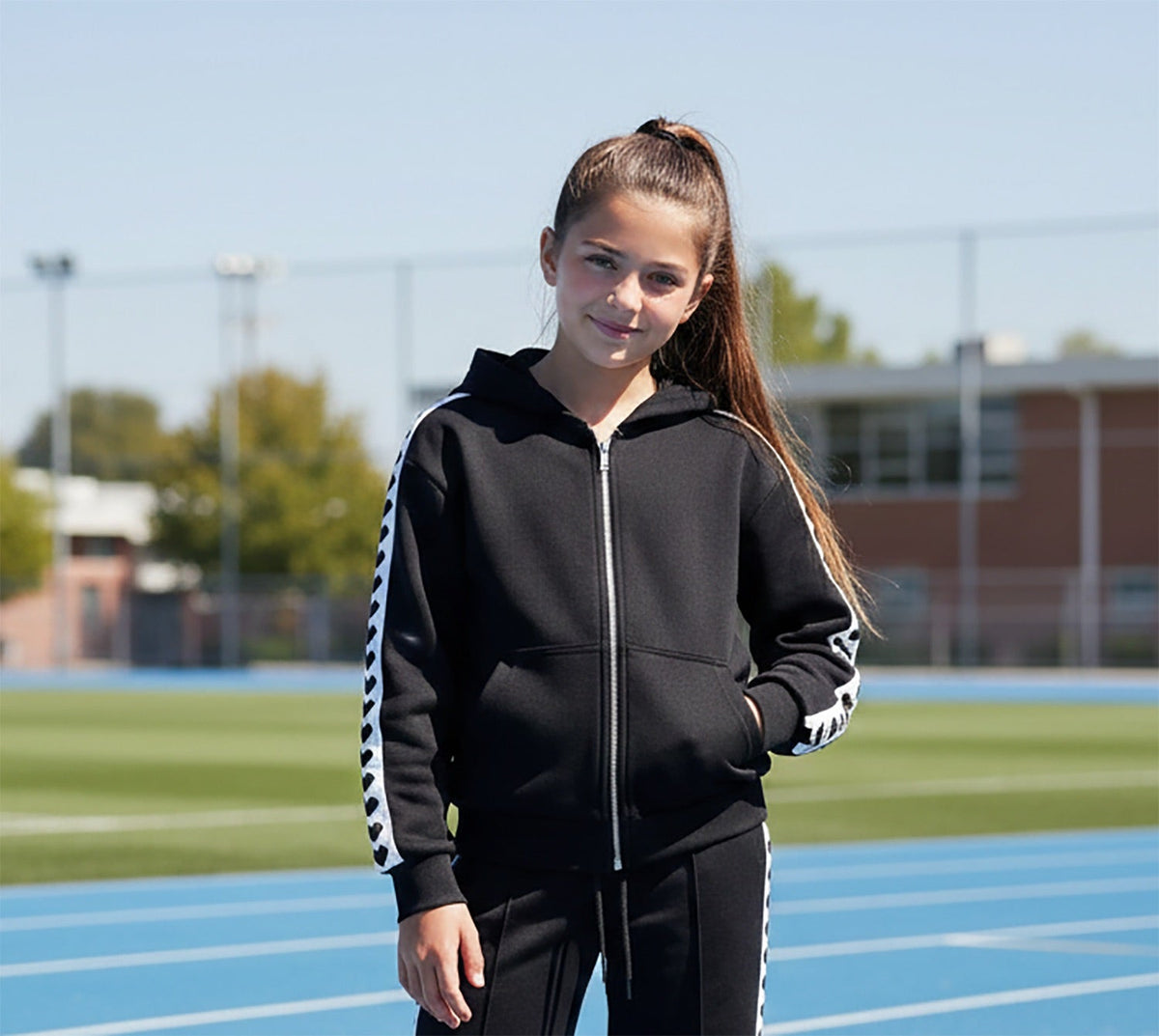 Tweenstyle By Stoopher - Heart Print Side Stripe Zip Hoodie