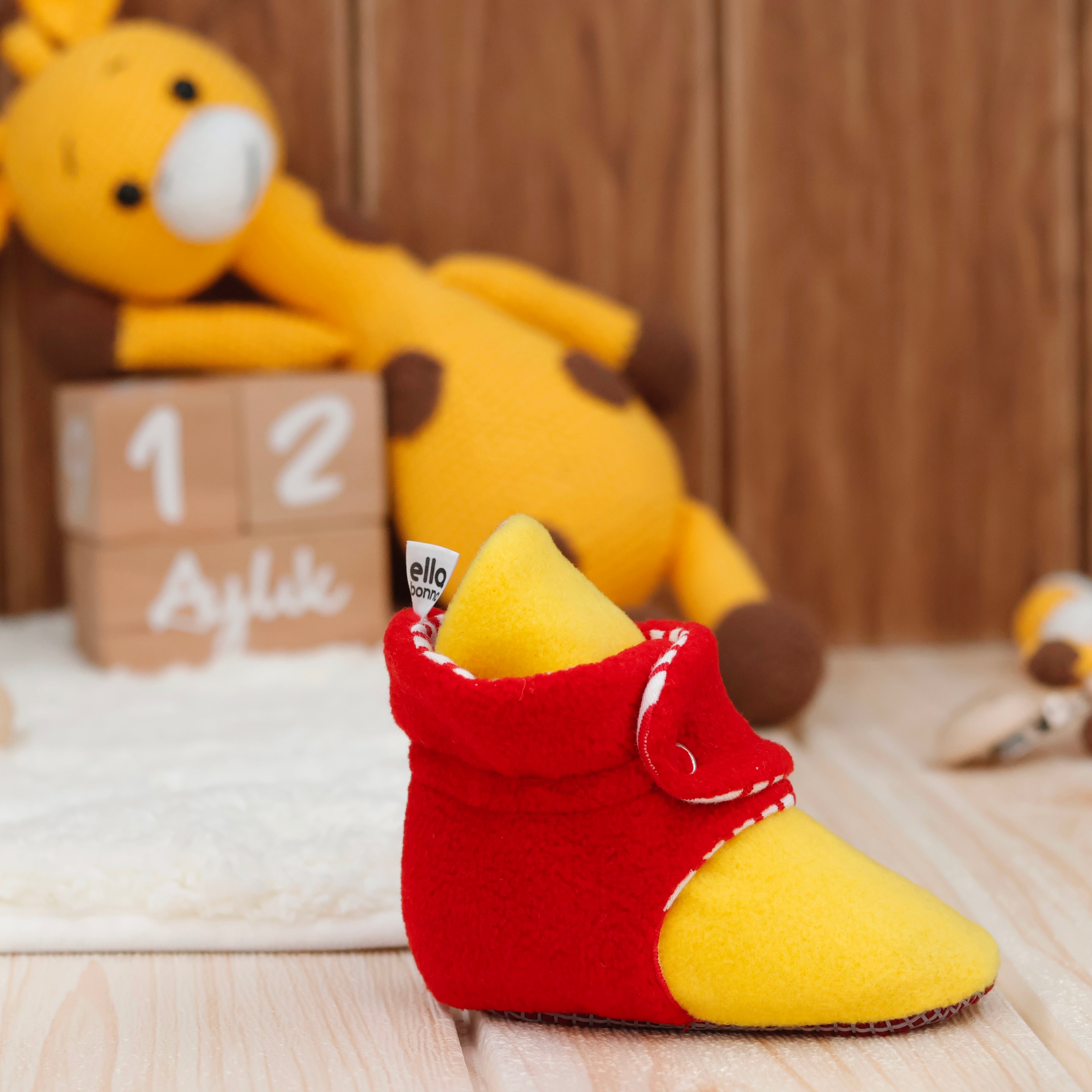 Anti-slip Sole, Fleece Baby Booties, Newborn Home Booties, Sweat Proof Organic Cotton Lining, Yellow Red