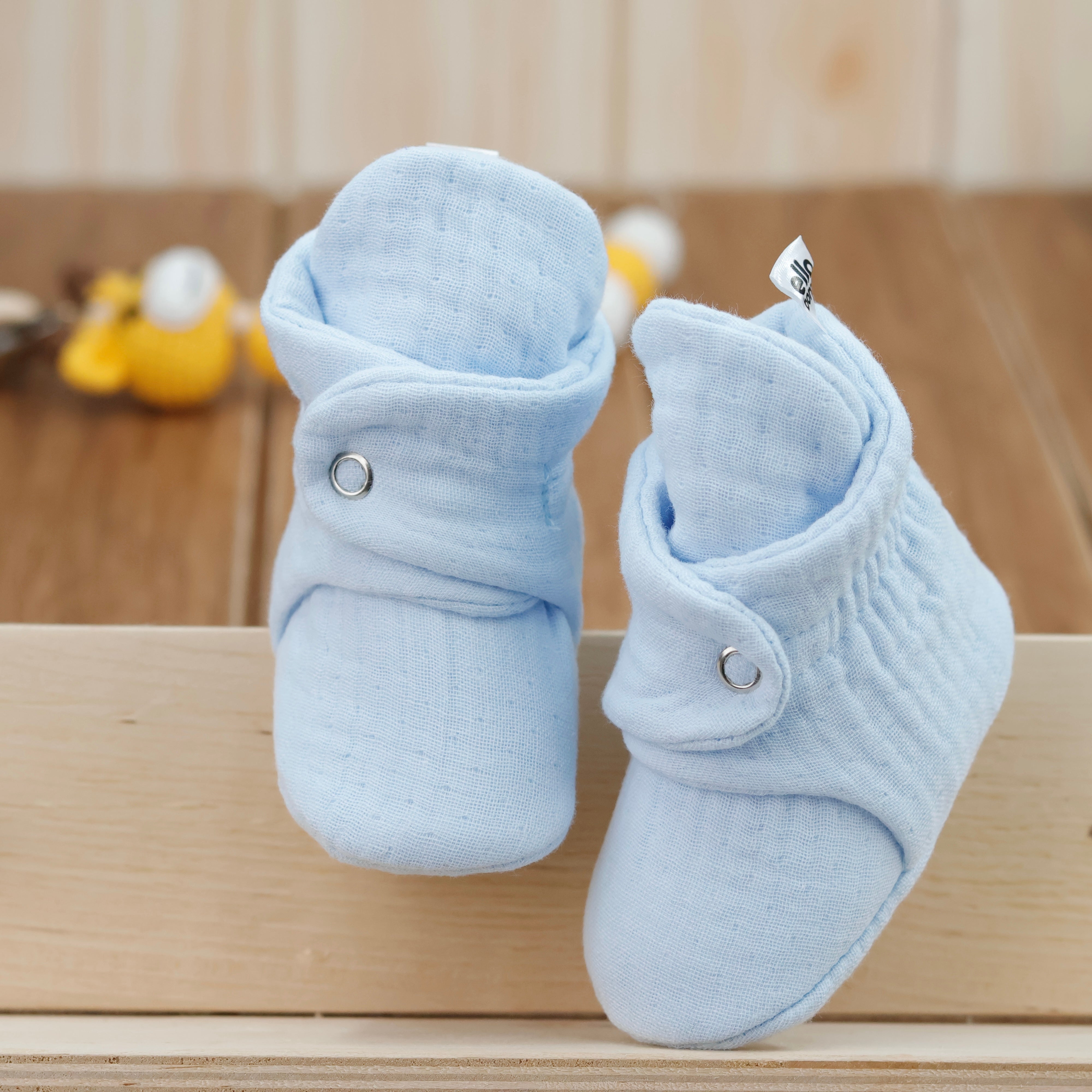 Muslin Stay On Baby Booties Blue