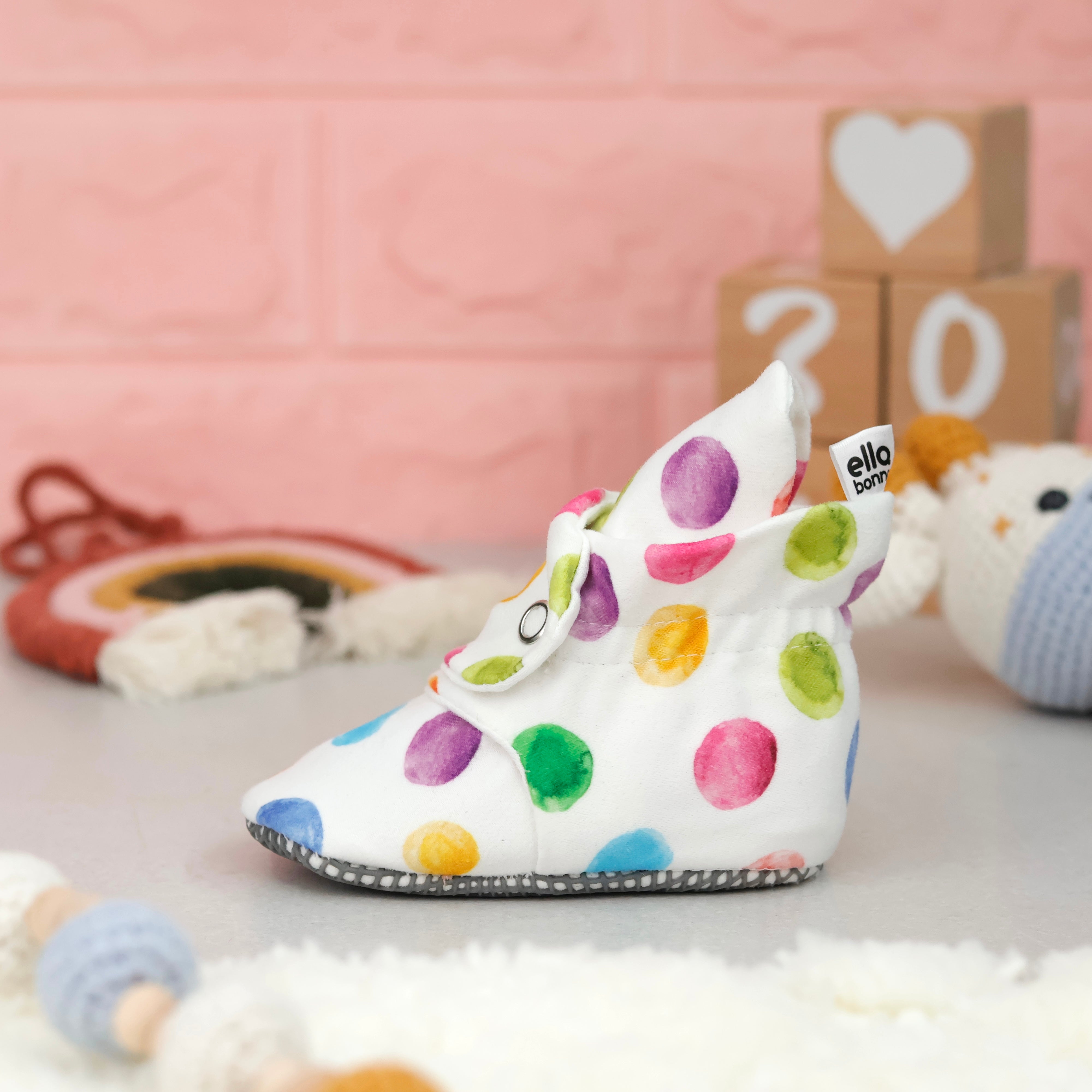 Organic Cotton Baby Booties, Non-slip Sole, Cotton Newborn Booties Home Nursery Shoes, Colorful Dots