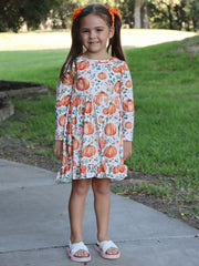 Girls Fall Pumpkin Print Long Sleeve Dress