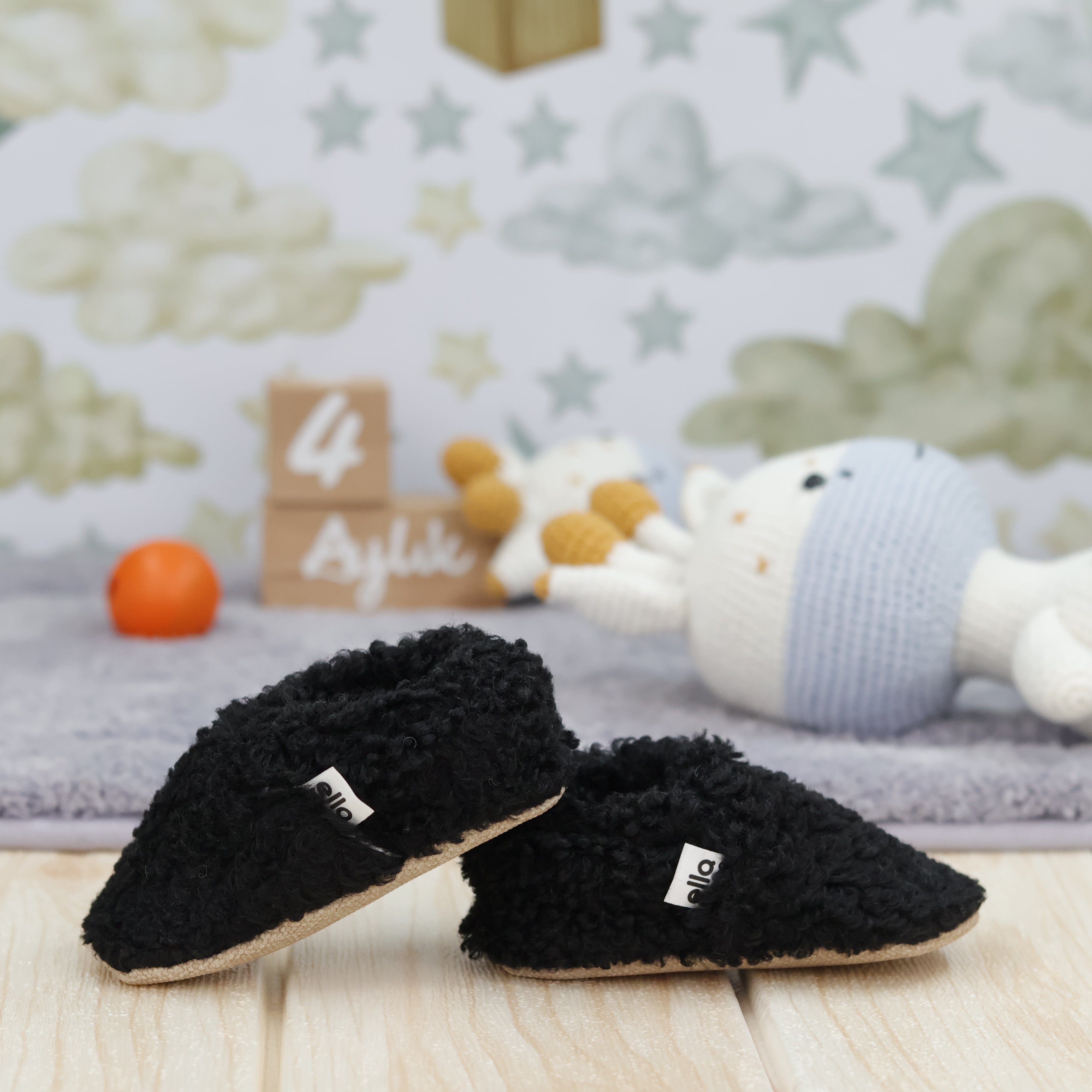 Teddy Baby Booties House Slippers, Non-slip Sole, Organic Cotton Lining, Home Nursery Shoes, Black