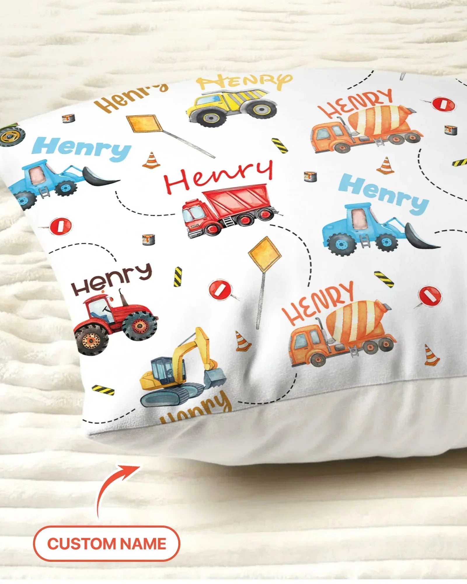 Construction Vehicles Custom Name Bamboo Pillow Case