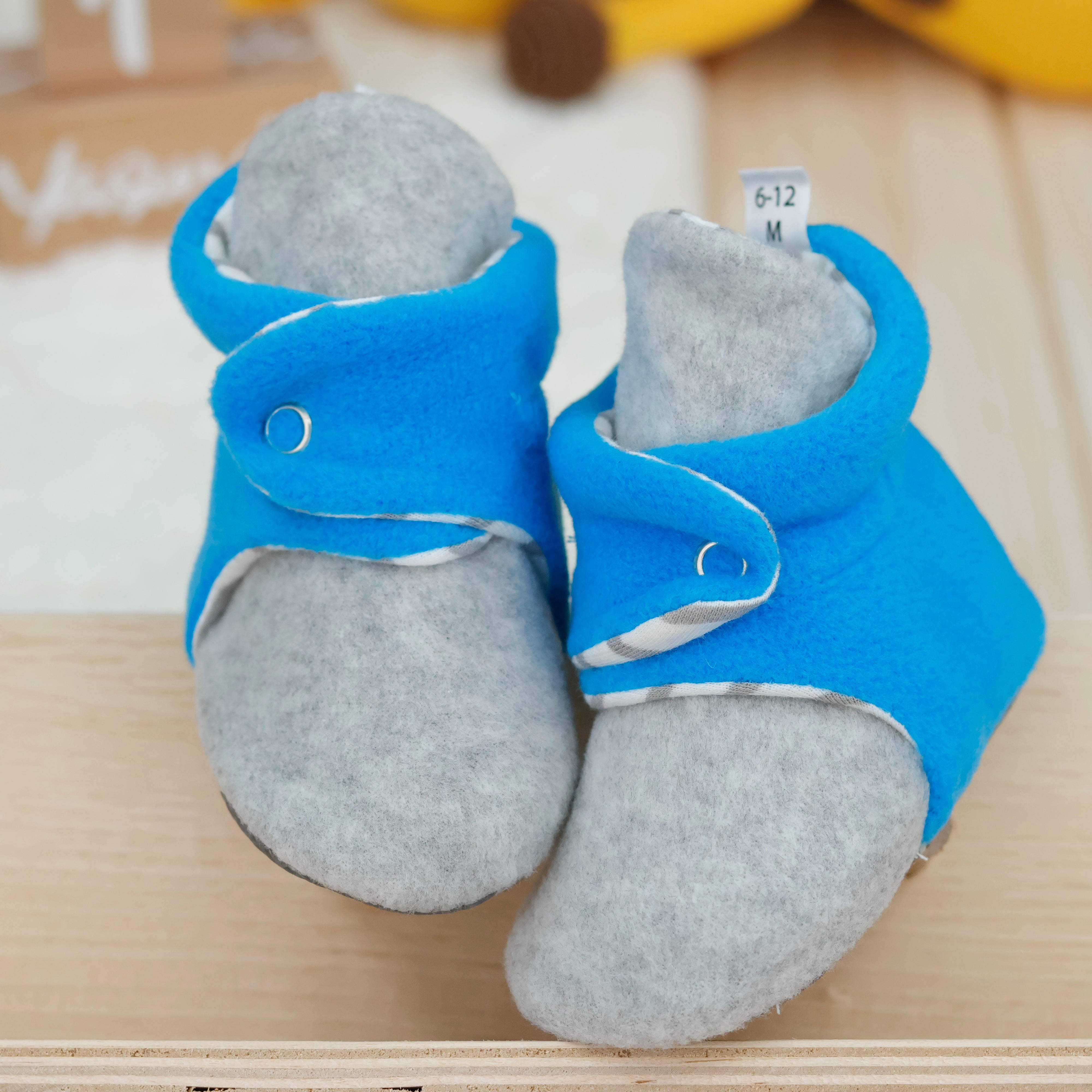 Anti-slip Sole, Fleece Baby Booties, Newborn Home Booties, Sweat Proof Organic Cotton Lining, Gray Blue