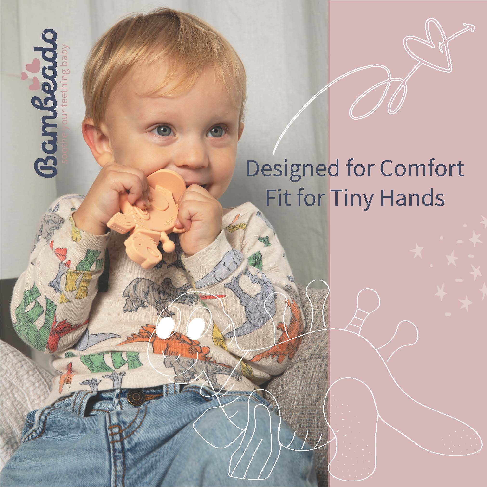 Dibly - Pink - Baltic Amber & Natural Rubber Dinosaur Teether With Toothbrush Tail