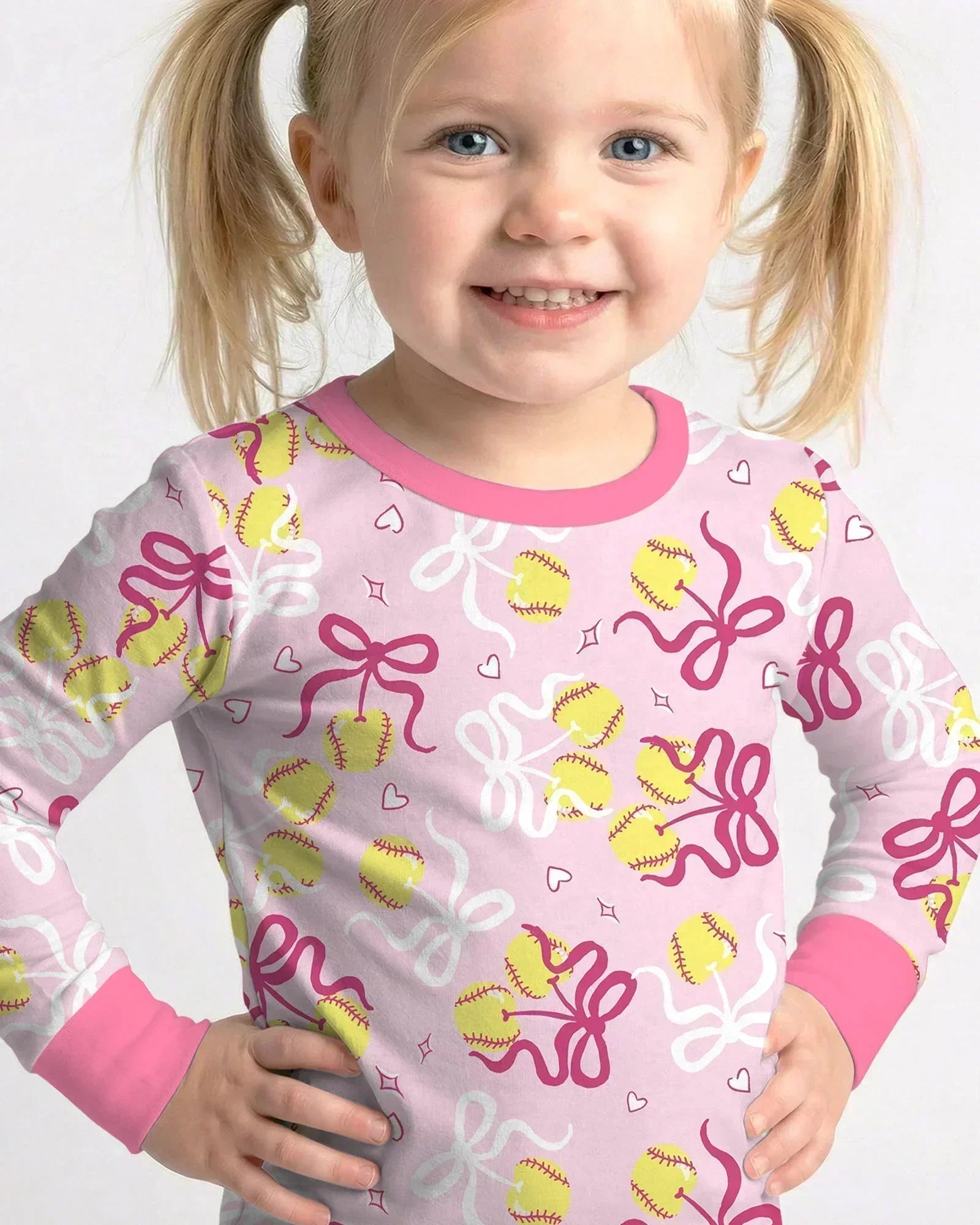 Softball Cherry Mom And Girl Matching Bamboo Two Piece Long Sleeve Pajama Set
