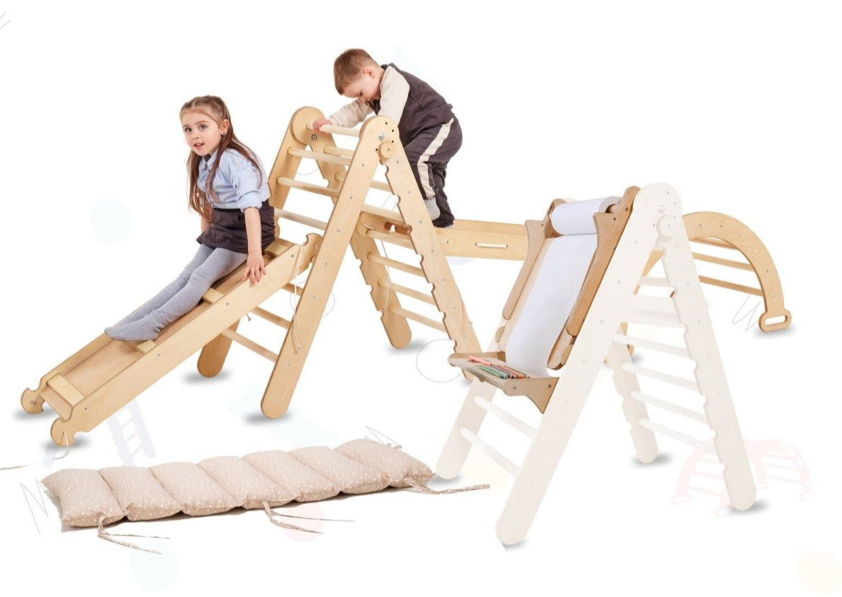 6in1 Montessori Climbing Frame Set: Triangle Ladder + Arch/rocker + Slide/ramp + Net + Cushion + Art Addition