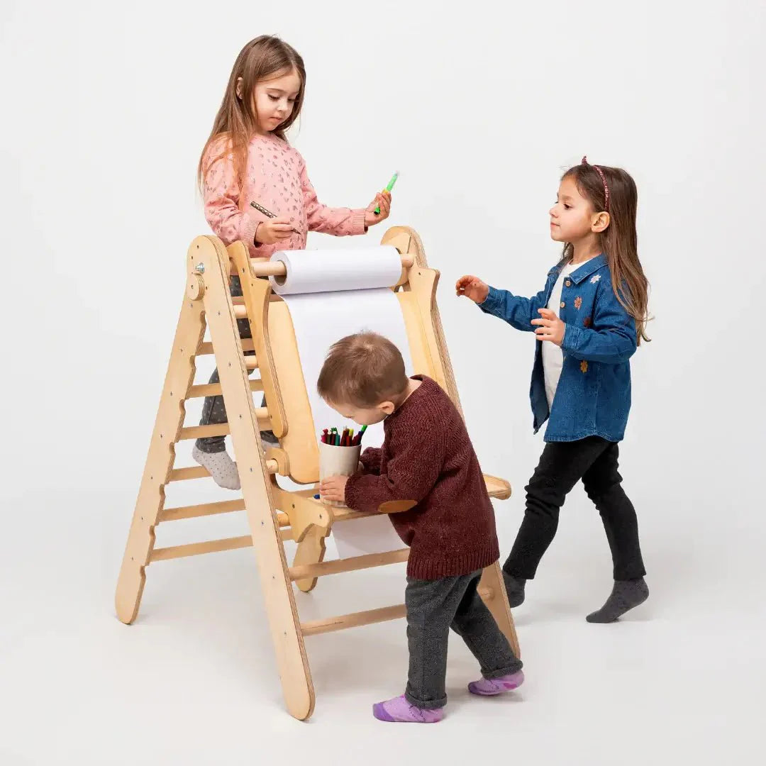 6in1 Montessori Climbing Frame Set: Triangle Ladder + Arch/rocker + Slide/ramp + Net + Cushion + Art Addition