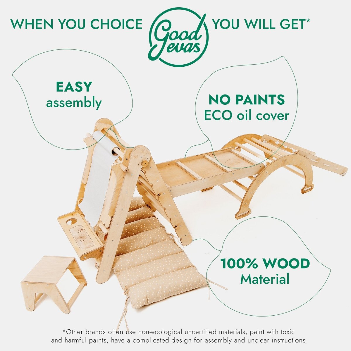 6in1 Montessori Climbing Set: Triangle Ladder + Arch/rocker + Slide/ramp + Net + Cushion + Art Addition