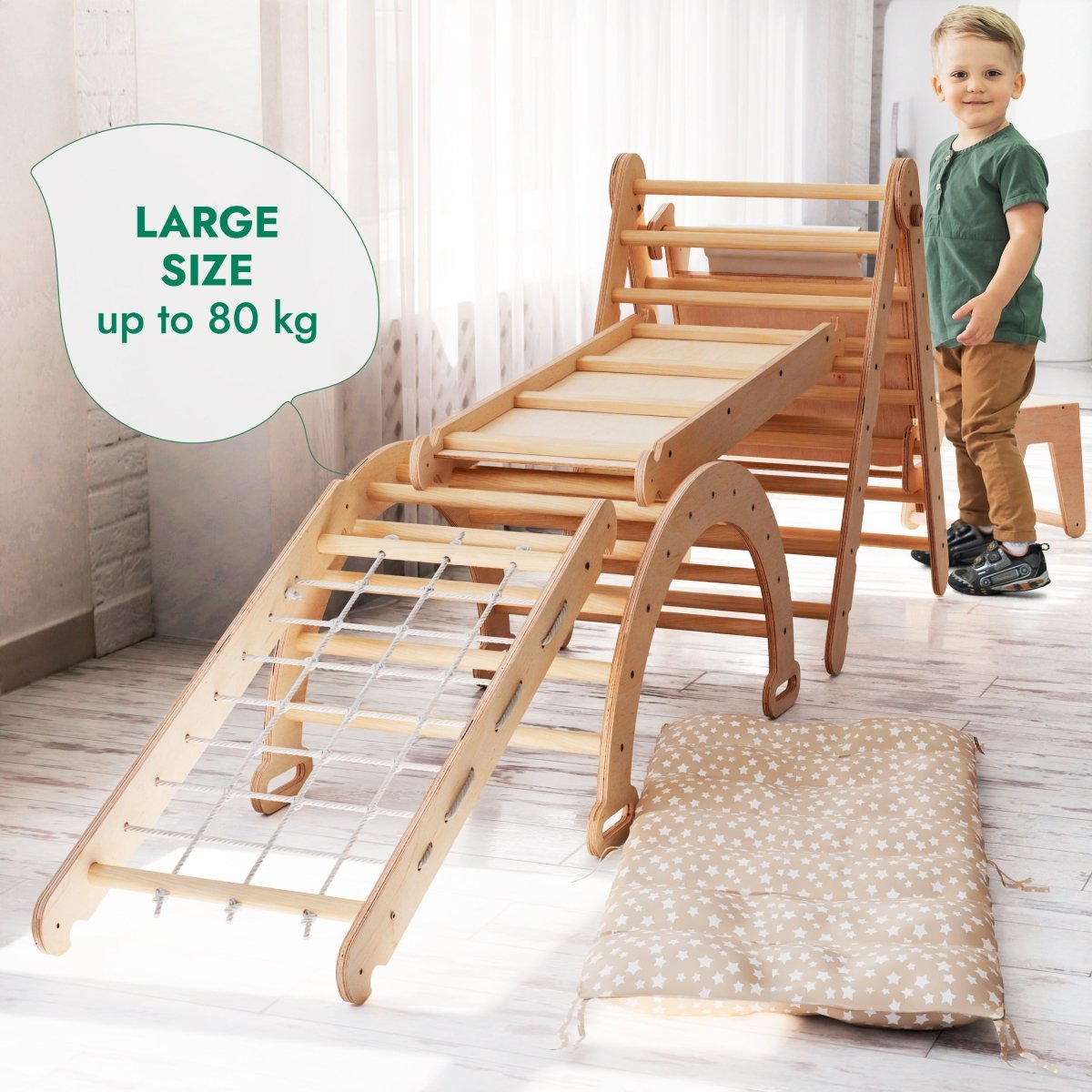 6in1 Montessori Climbing Set: Triangle Ladder + Arch/rocker + Slide/ramp + Net + Cushion + Art Addition