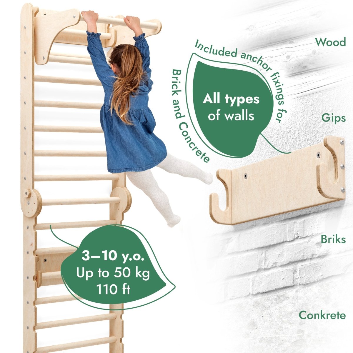 6in1 Wooden Swedish Wall / Climbing Ladder For Children + Swing Set + Slide Board