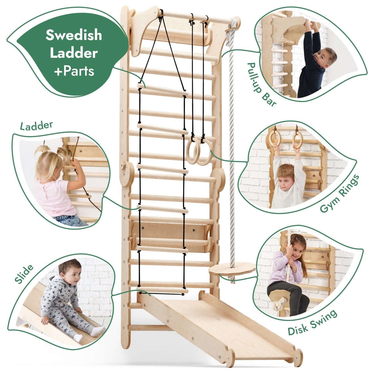 6in1 Wooden Swedish Wall / Climbing Ladder For Children + Swing Set + Slide Board