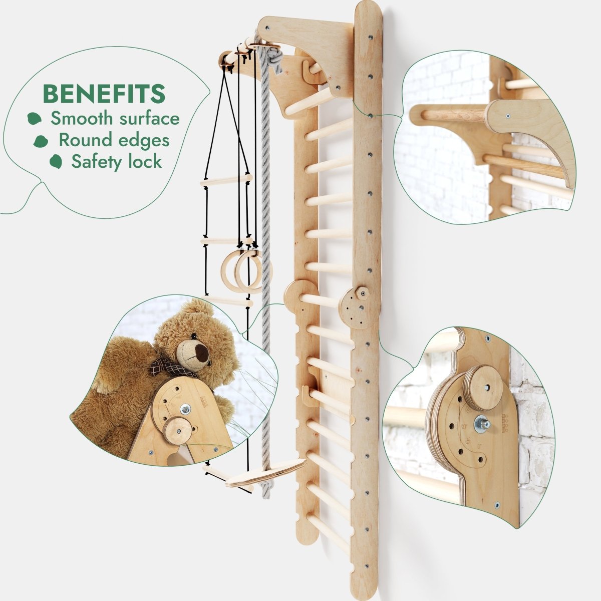6in1 Wooden Swedish Wall / Climbing Ladder For Children + Swing Set + Slide Board