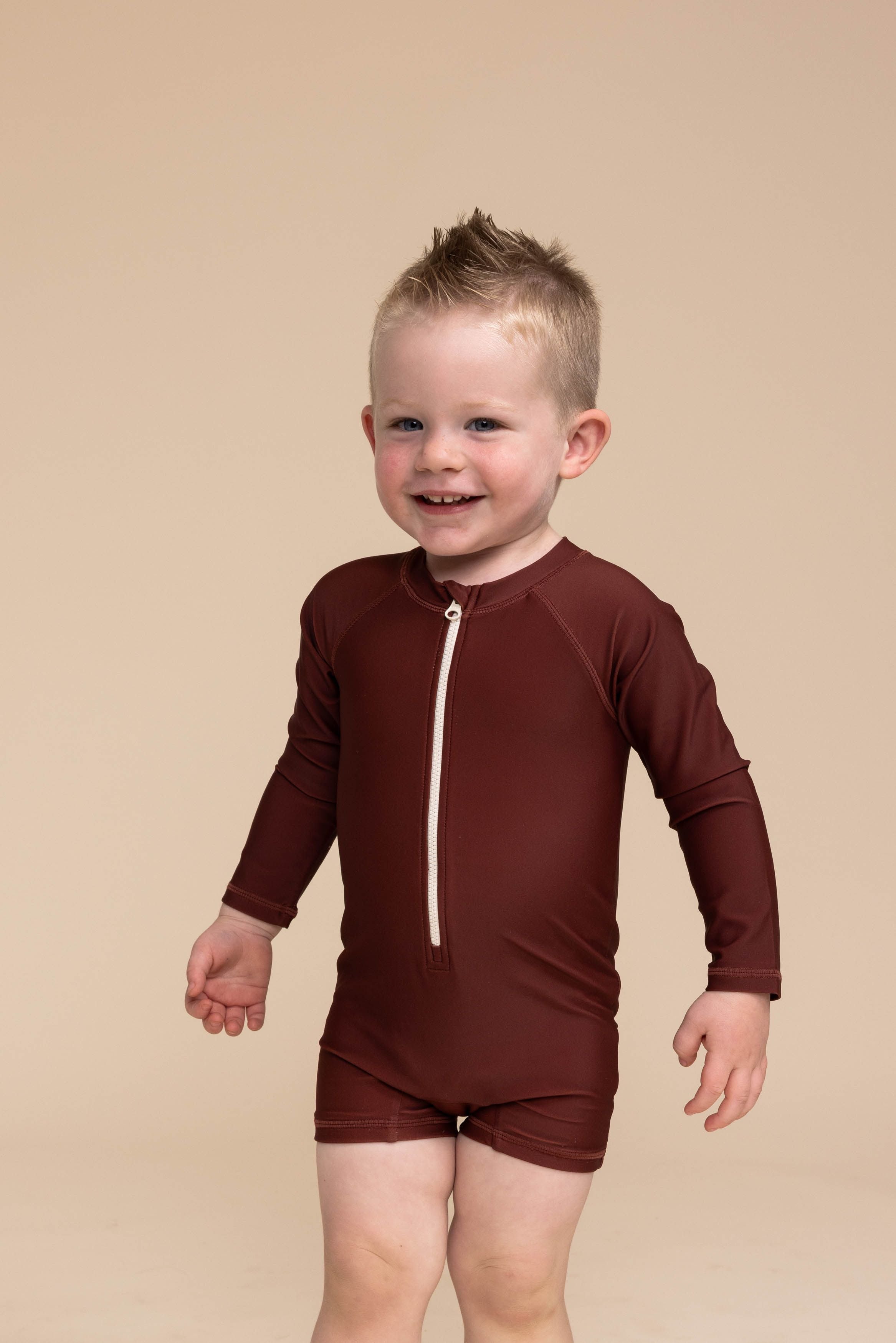 Boy's Zip Up Rashguard | Warm Brown/tan Color Block