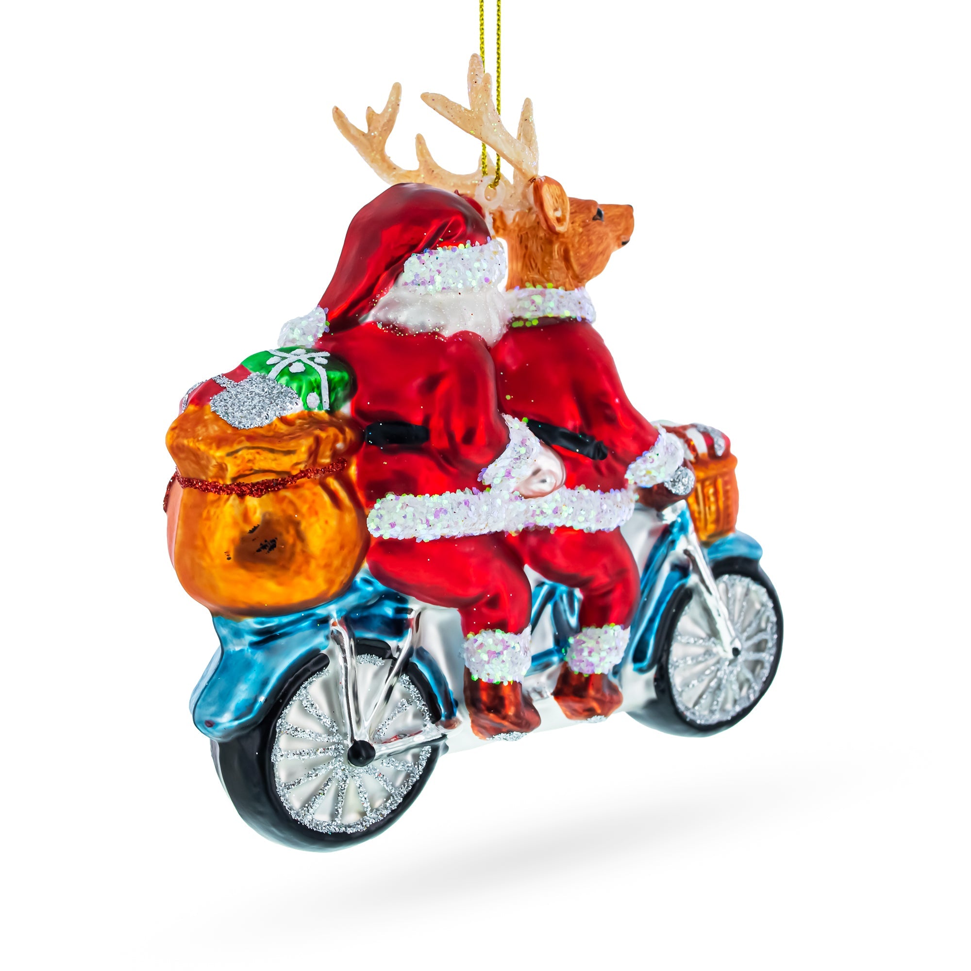 Joyful Santa And Reindeer Riding A Tandem Bike - Blown Glass Christmas Ornament