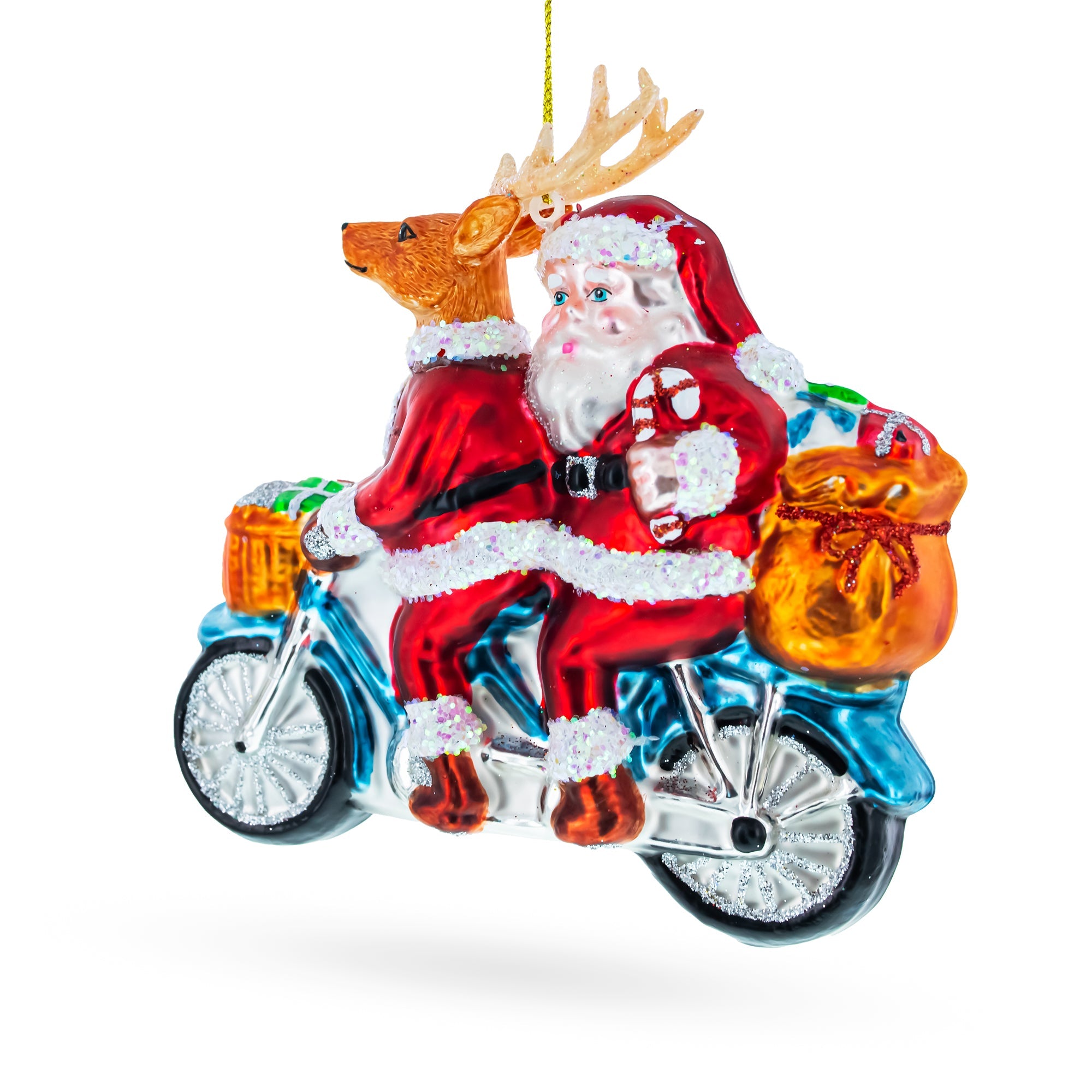 Joyful Santa And Reindeer Riding A Tandem Bike - Blown Glass Christmas Ornament