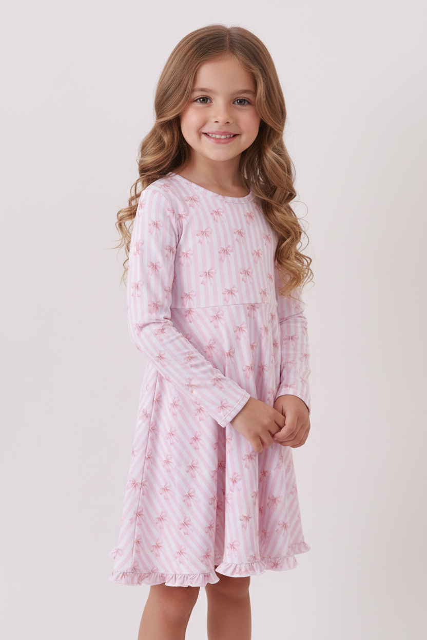 Premium Blush Bow Stripe Print Ruffle Bamboo Dress