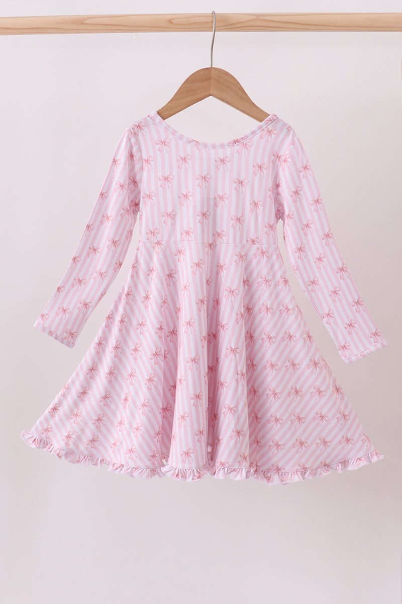 Premium Blush Bow Stripe Print Ruffle Bamboo Dress