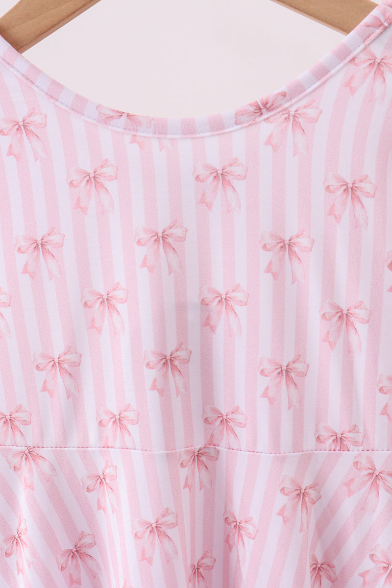 Premium Blush Bow Stripe Print Ruffle Bamboo Dress